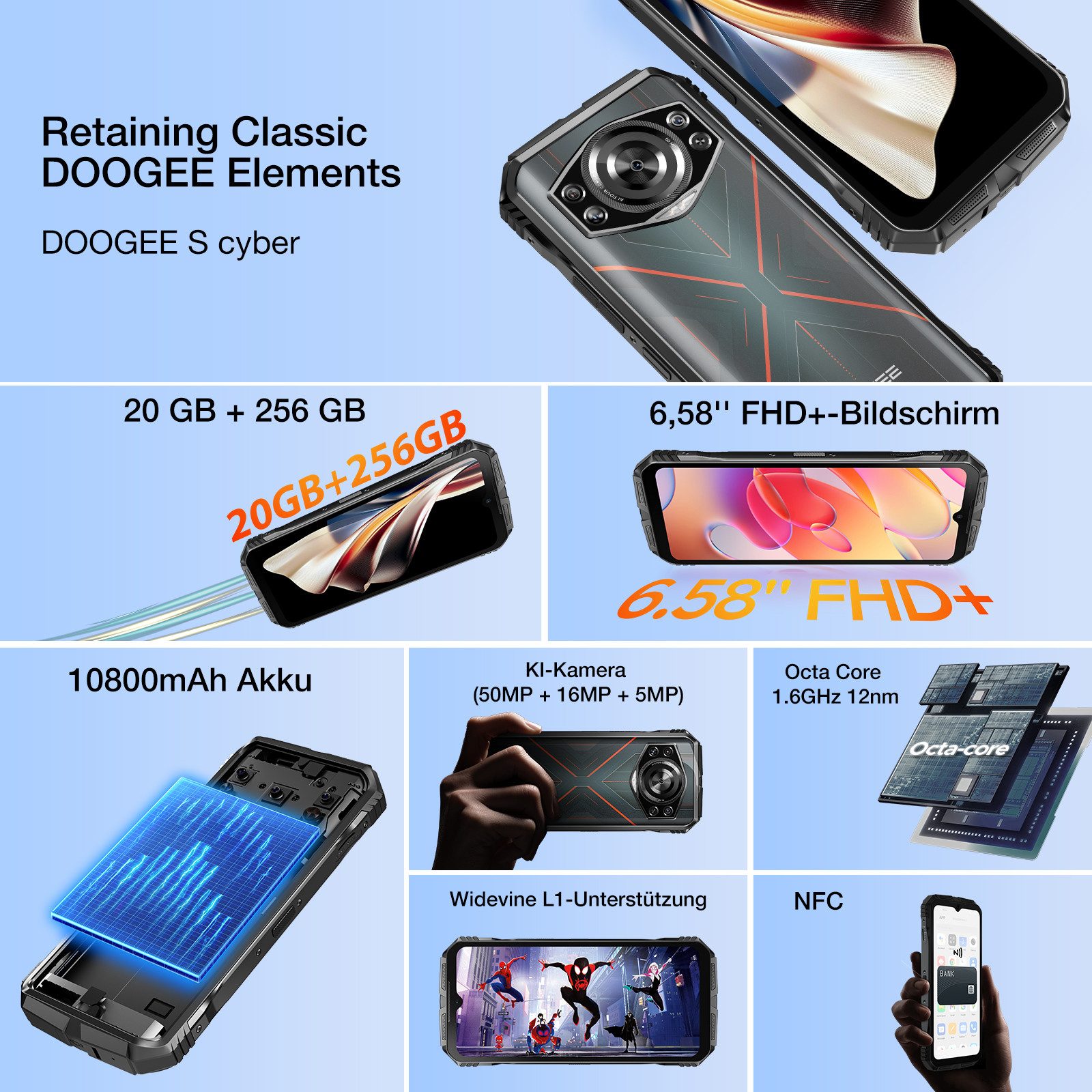DOOGEE Scyber Outdoor Handy inkl., 256GB,10800mAh, 6.6'' Smartphone (6.6 Zoll, 256 GB Speicherplatz, 50 MP Kamera, IP68 Baustellenhandy mit 4G Dual SIM, OTG, NFC und GPS)