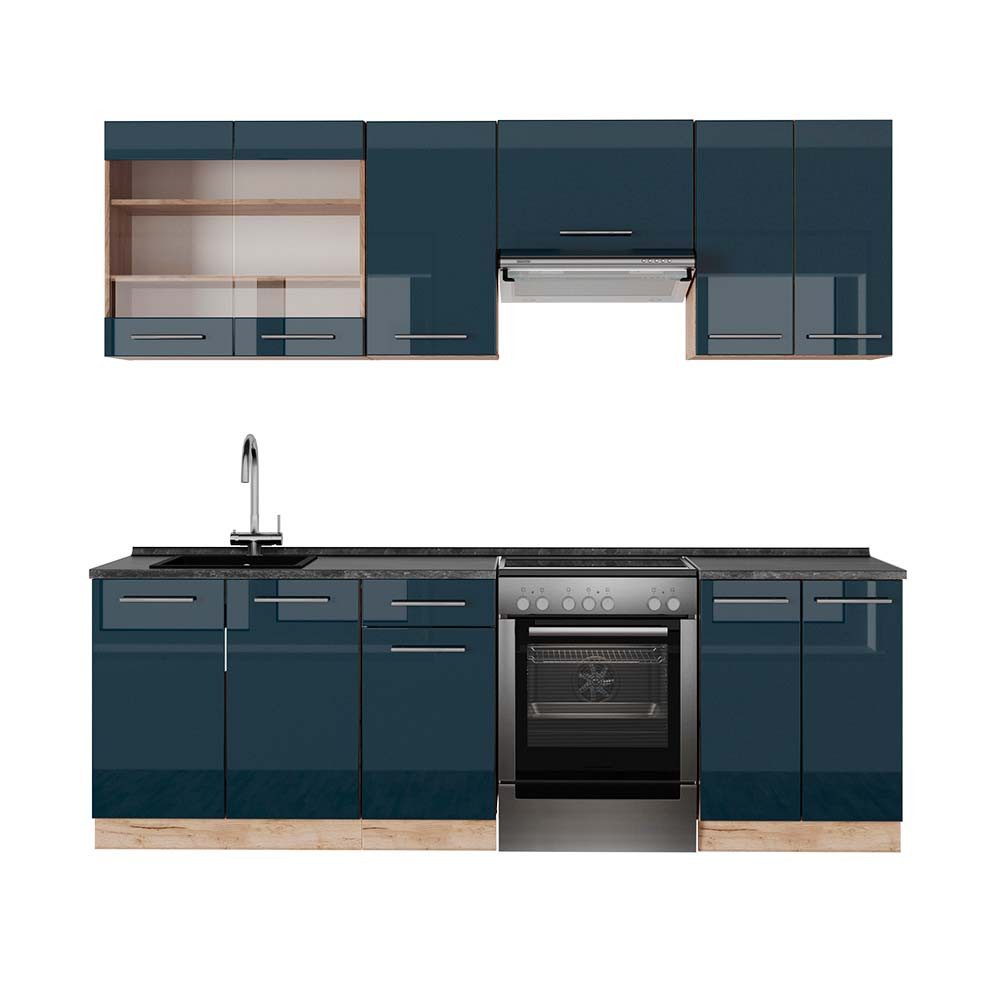 Vicco Küchenzeile Fame-Line, Dunkelblau Hochglanz/Goldkraft Eiche, 240 cm, AP Anthrazit
