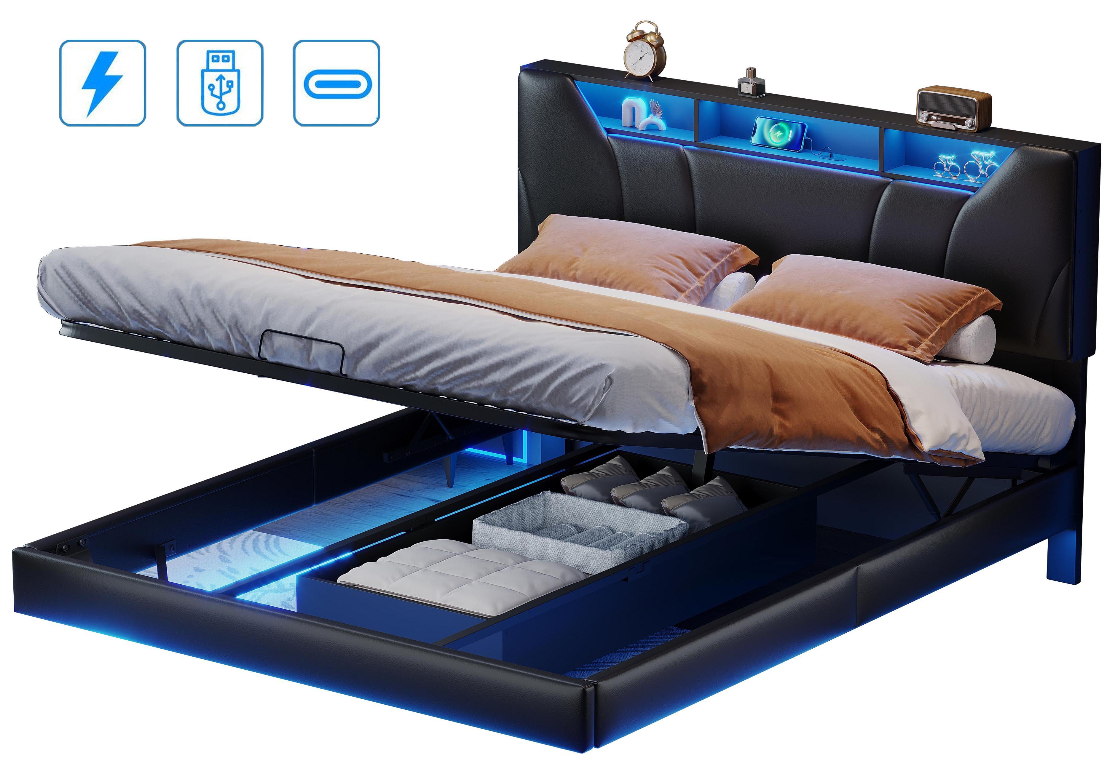 FUROKOY Polsterbett Doppelbett Stauraumbett mit LED-Beleuchtung günstig online kaufen
