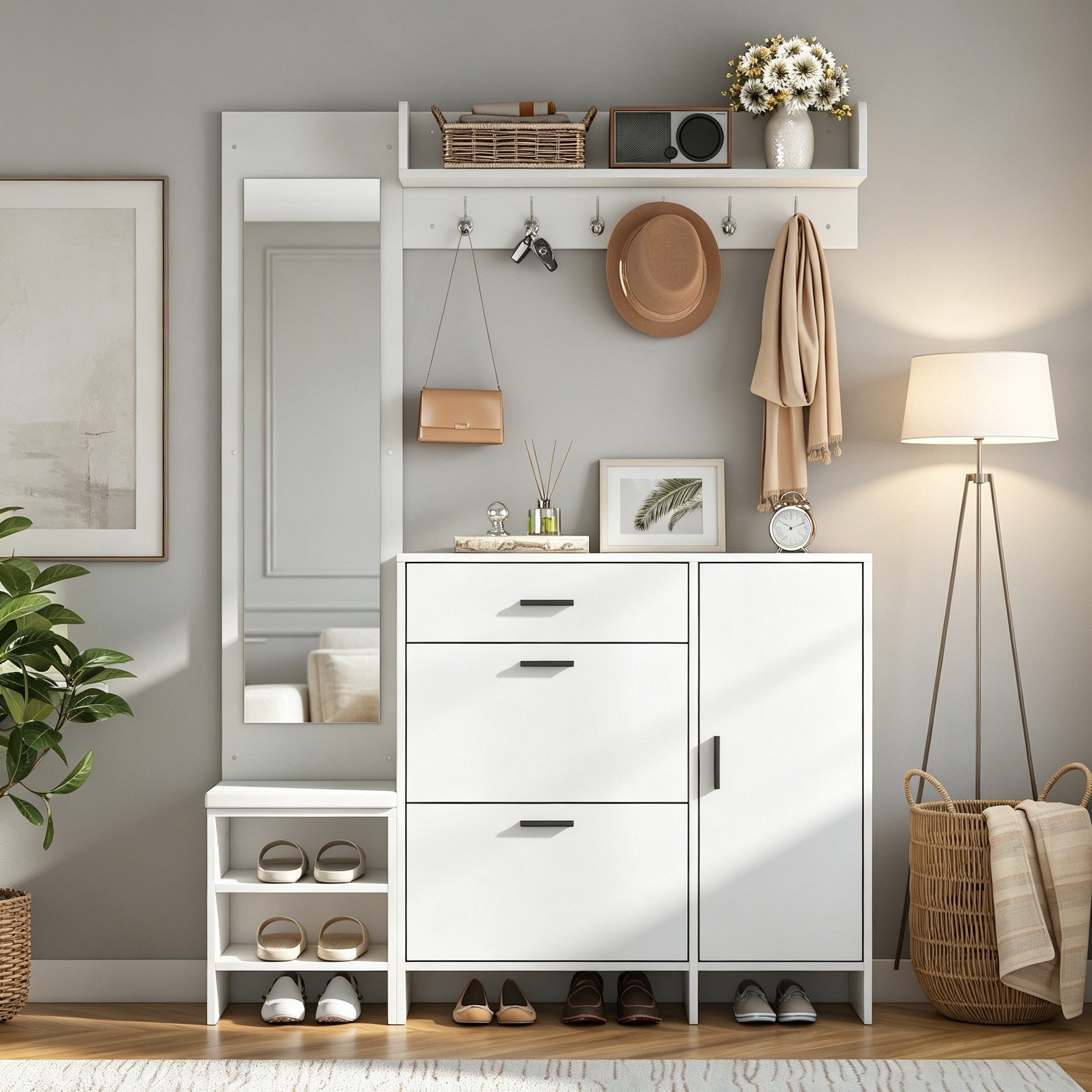 KLAM HOME Garderoben-Set Weißer MDF-Garderobenständer mit Spiegel und Sitzbank, (Kombinierter Schuhschrank mit Haken & vielfältigem Stauraum), Komplette Flurgarderobe 140x30x200cm für Eingänge