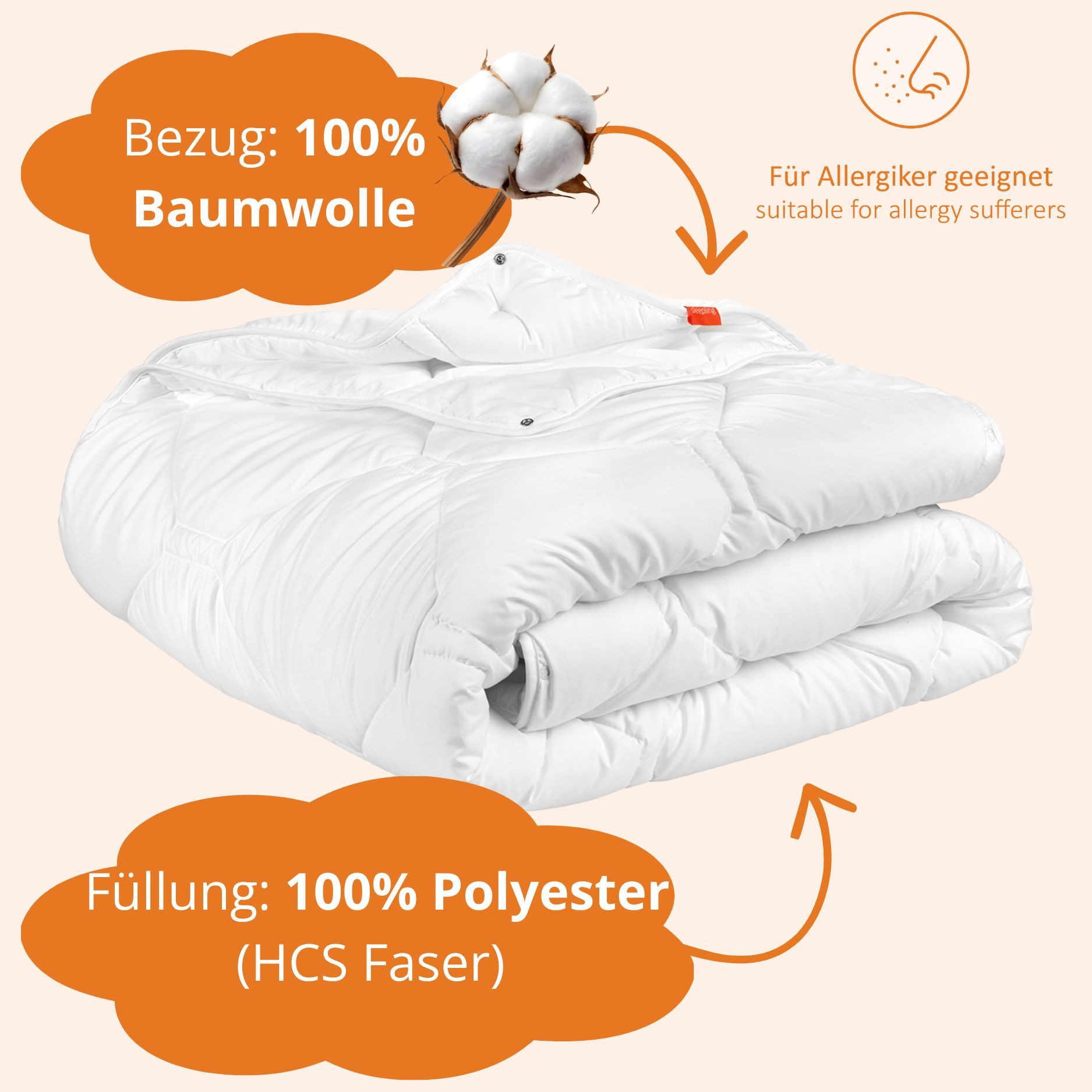 sleepling Baumwollbettdecke Komfort 300, Bezug: 100 % Baumwolle, in 135x200 cm, 155x220 cm und Weitere, Allergiker geeignet, Made in EU