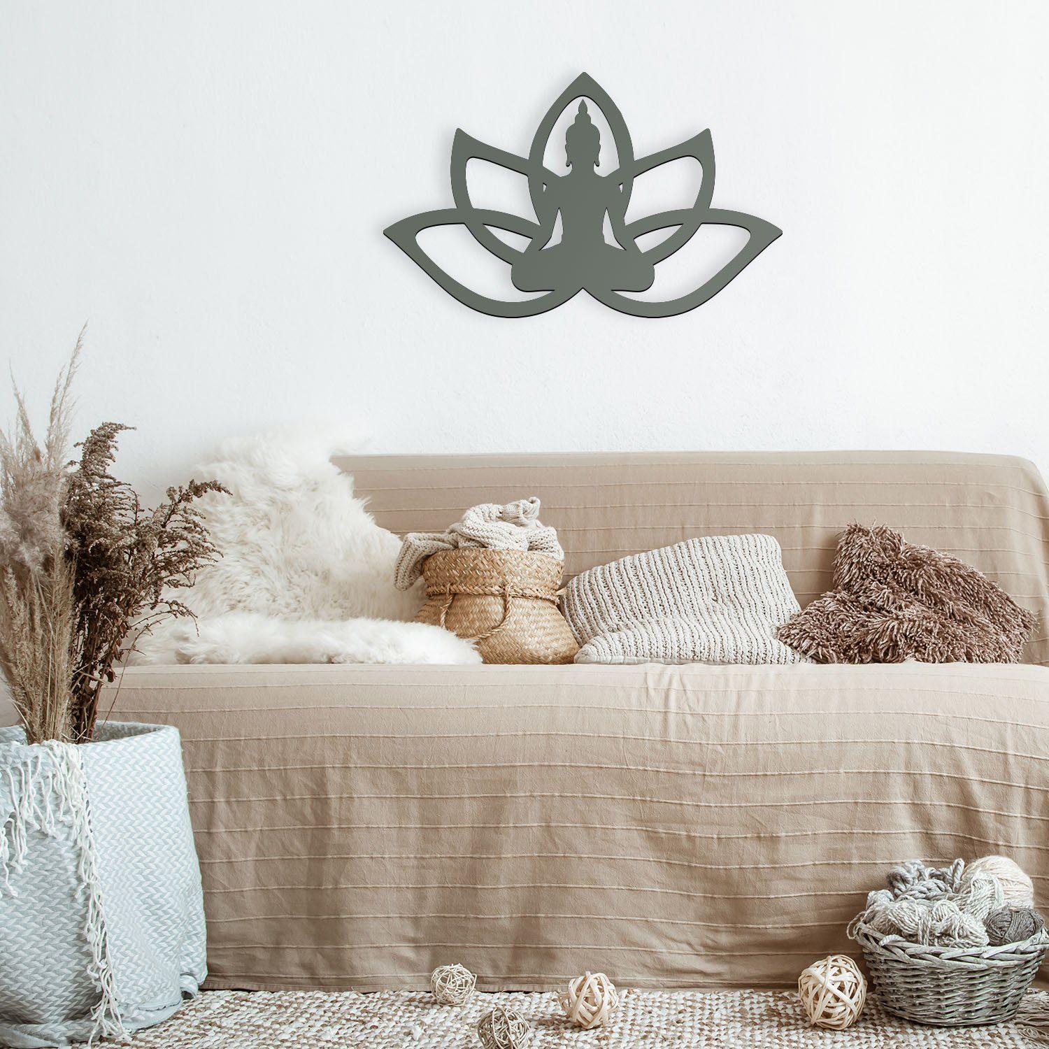 Namofactur LED Wandleuchte Haltung Buddha Lotus integriert, aus Yoga, Farbwechsler Meditation RGB Holz, Blume, fest Unbehandelt Wandlampe LED