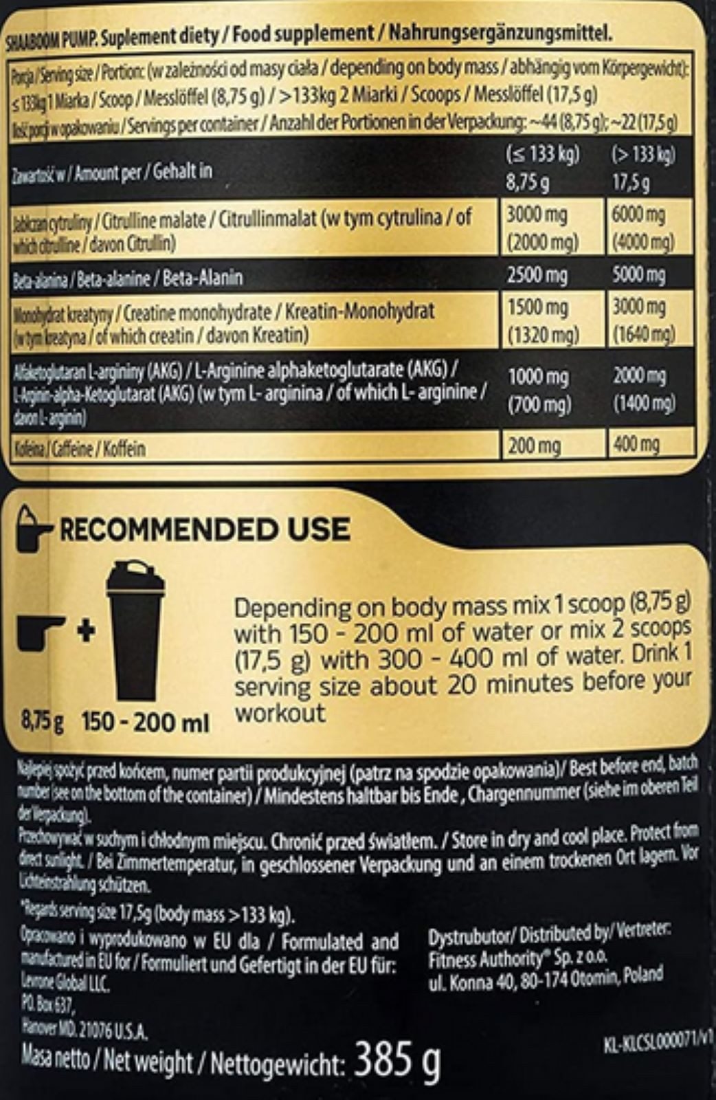 Kevin Levrone KEVIN LEVRONE Shaaboom Pump Black Line Pre-workout 385g Pulver, Mit Aminosäuren- und Kreatin-Komplex