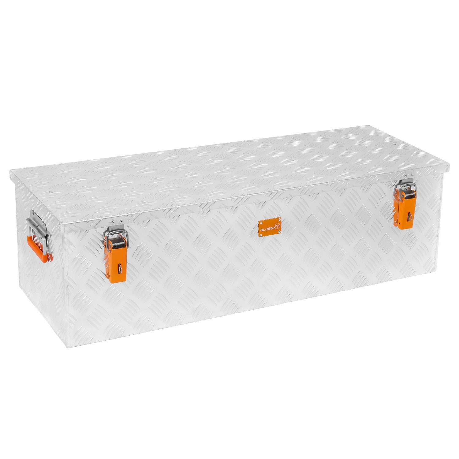 ALUBOX Aufbewahrungsbox mit Deckel Alukiste Riffelblech (105 Liter), Fangbänder im Deckel - Dichtung im Deckel - 1,5 mm Blechstärke