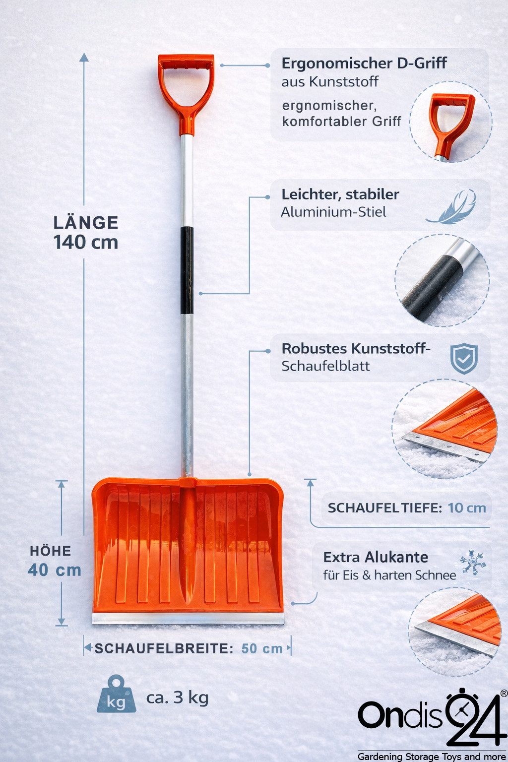 ONDIS24 Schneeschieber Schneeschaufel Schneeräumer aus Kunststoff mit Aluminiumstiel, 50 cm Arbeitsbreite, mit 100 cm langem Stiel, Ergonomische Schneeschaufel für Einfahrt, Gehweg & Hof