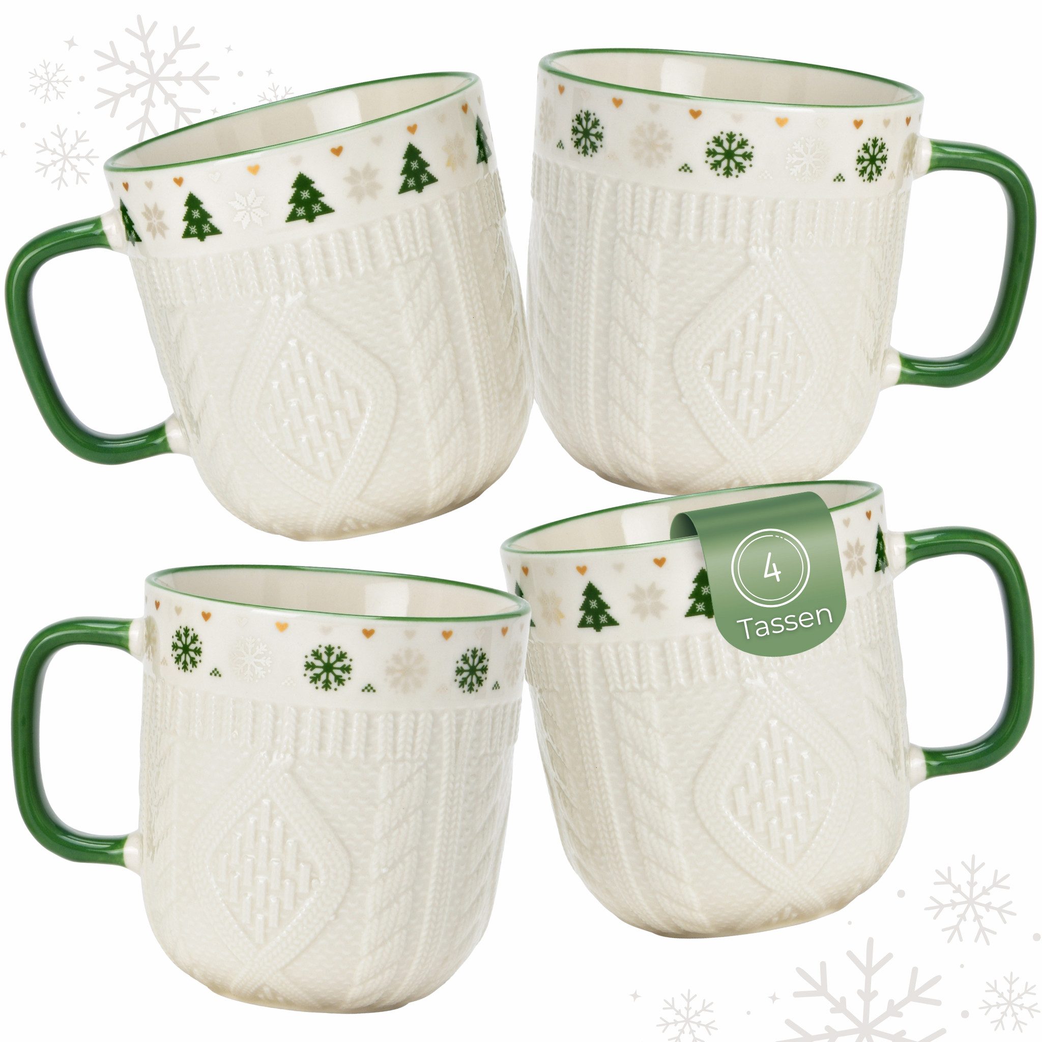 matches21 HOME & HOBBY Tasse Kaffeetassen 4er Set in Weiß mit Winter Strick Design, 4-tlg., Porzellan, Weihnachts-Tassen aus feinem Porzellan 345 ml