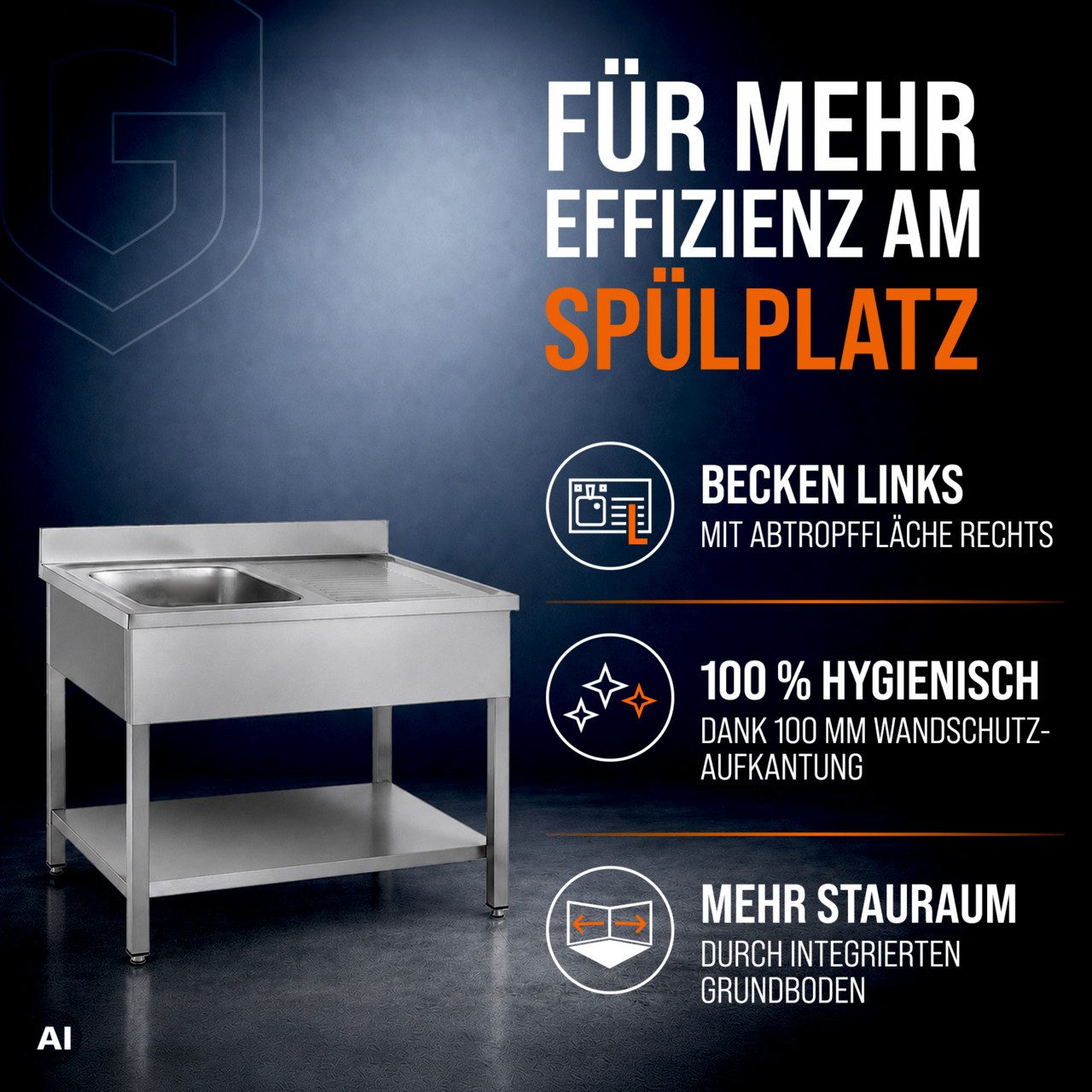 GastroHero Arbeitstisch Spültisch 100x60 cm - Edelstahl mit Becken - Gastro - Spüle, AISI201-Edelstahl, Grundboden, nach Hygienerichtlinien produziert – Bild 2 von 5