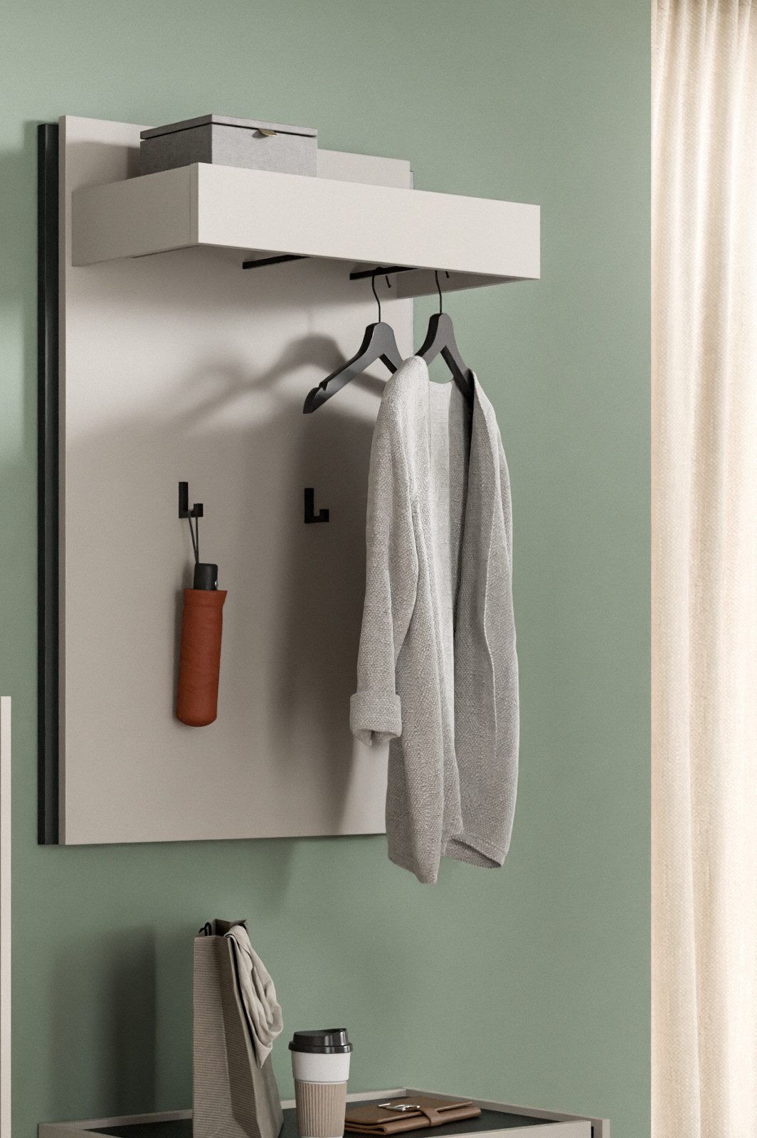 Inn.Furn Garderobenpaneel Nevia (Wandgarderobe in Kaschmir / Sand mit Schwarz, 75 x 106 cm), mit 5 Kleiderhaken und Kleiderstange