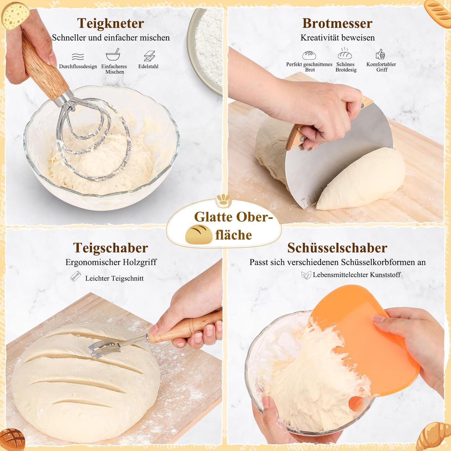 HEYHIPPO Gärkorb Brot-Gärset 37-teilig, Brotbackzubehör, Brotbackwerkzeuge, Gärkörbchen, (37-tlg), Brotbackwerkzeug-Set,Brotschaber,wiederverwendbar,ergonomisches Design
