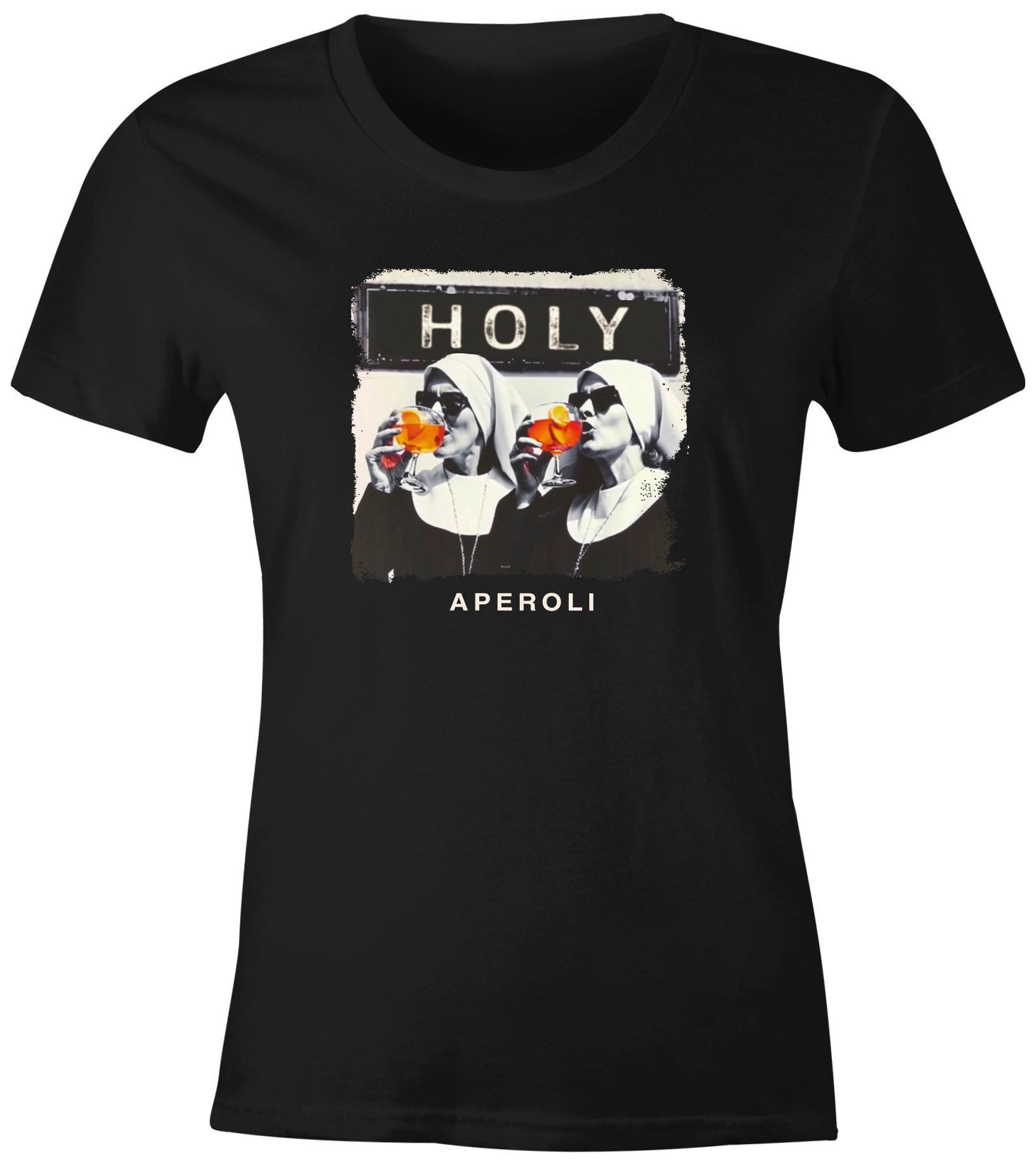 Print-Shirt Damen T-Shirt Fotomontage Nonnen Alkohol Holy Aperoli Fotoprint