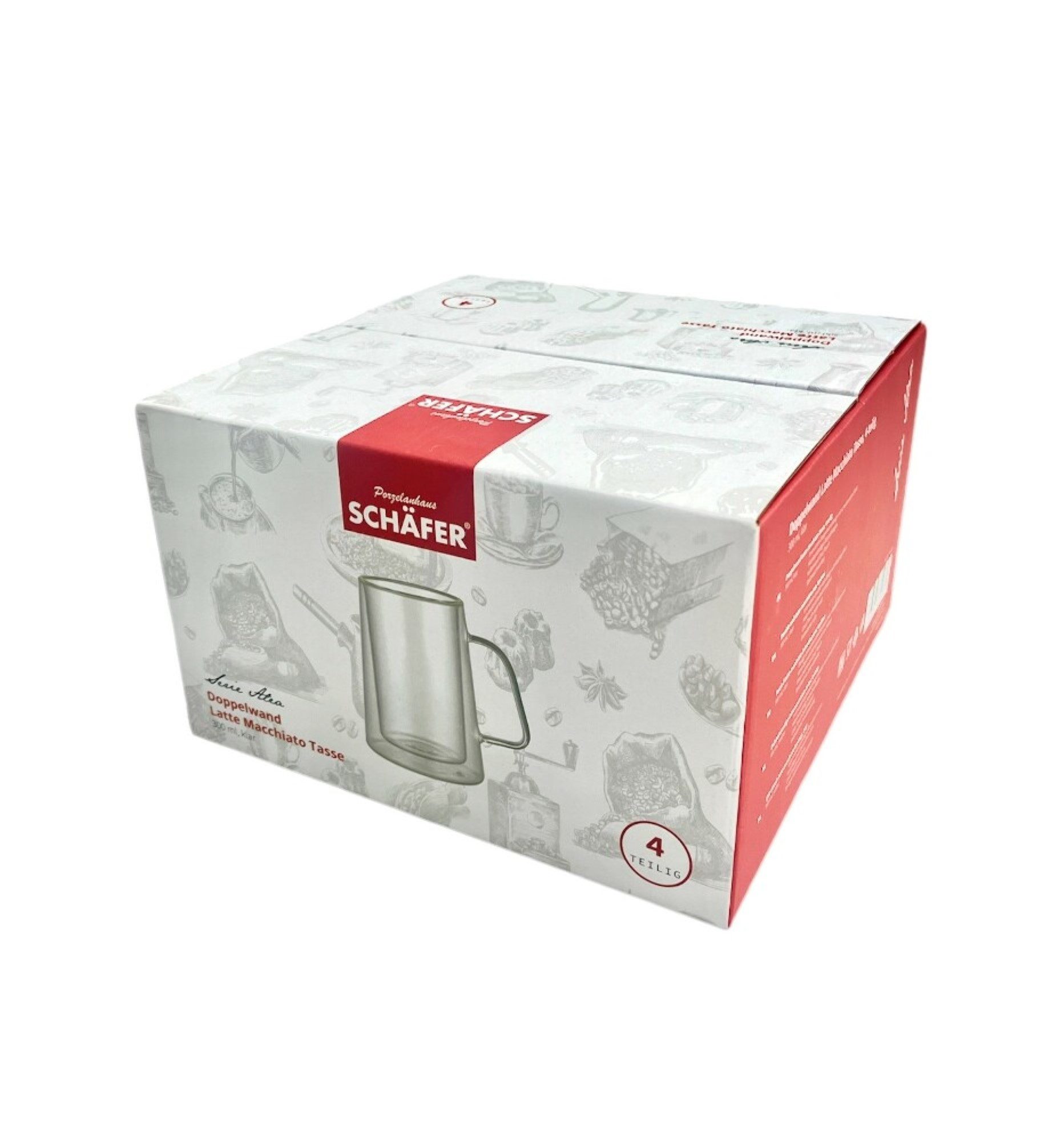 Schäfer Elektronik Gläser-Set 4 Tlg. Doppelwandige Kaffee- und Teegläser mit Henkel 300ml