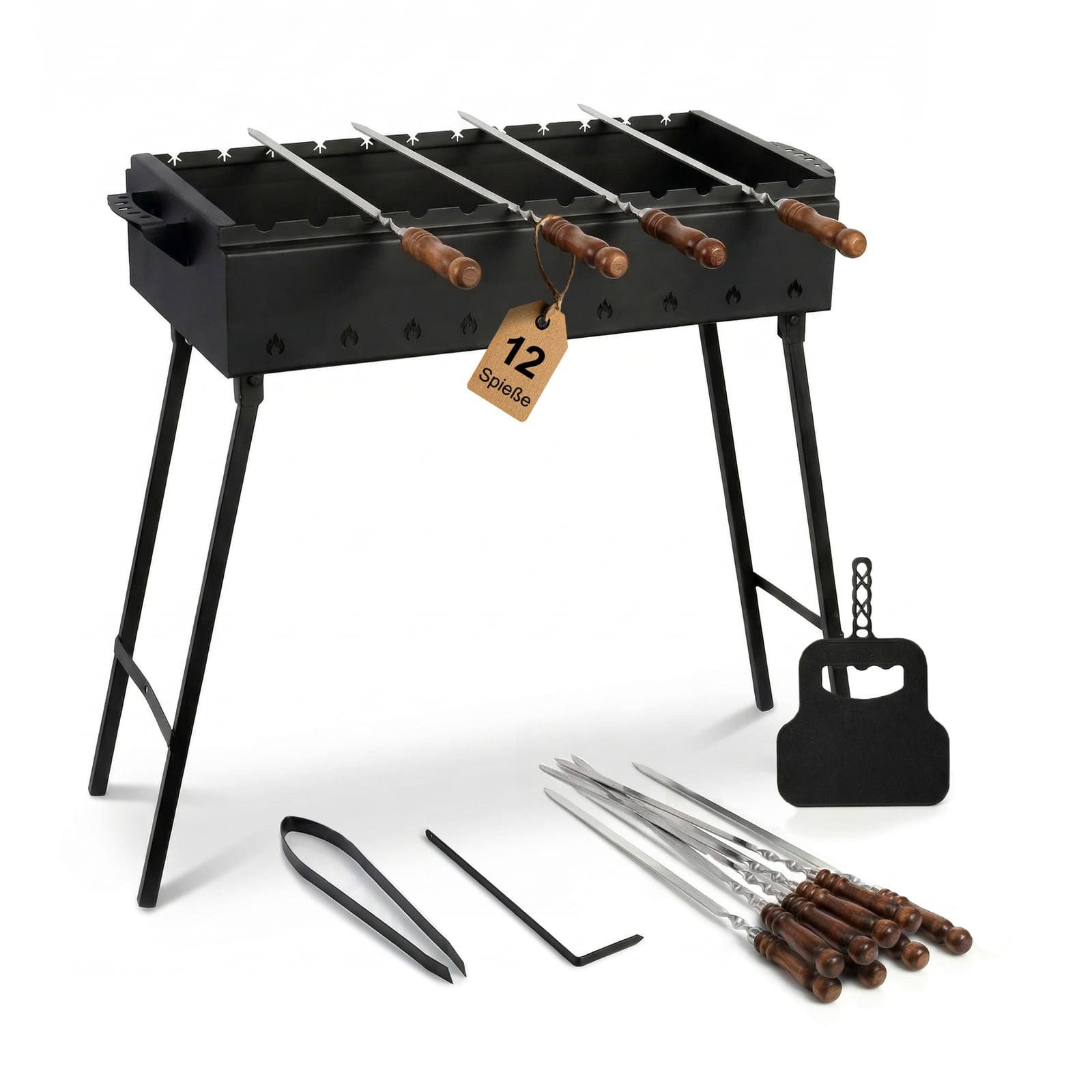 BIG-PAN Grillbesteck-Set Klappbarer Grill 80 cm 12 Spießen Grillfächer BBQ