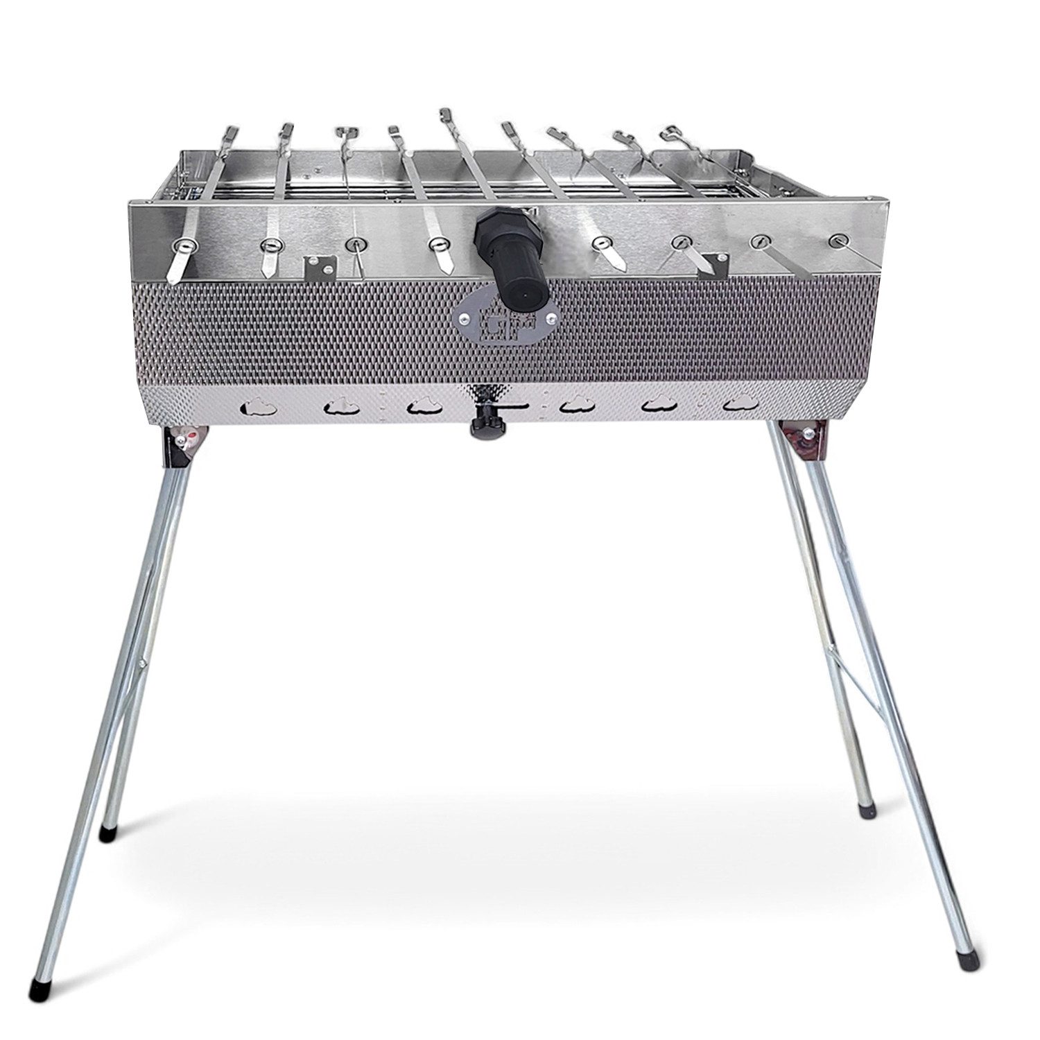 Grillpeter Holzkohlegrill Mangal Set Taschkent Schaschlikgrill mit 9er Drehspieß Spieße Motor