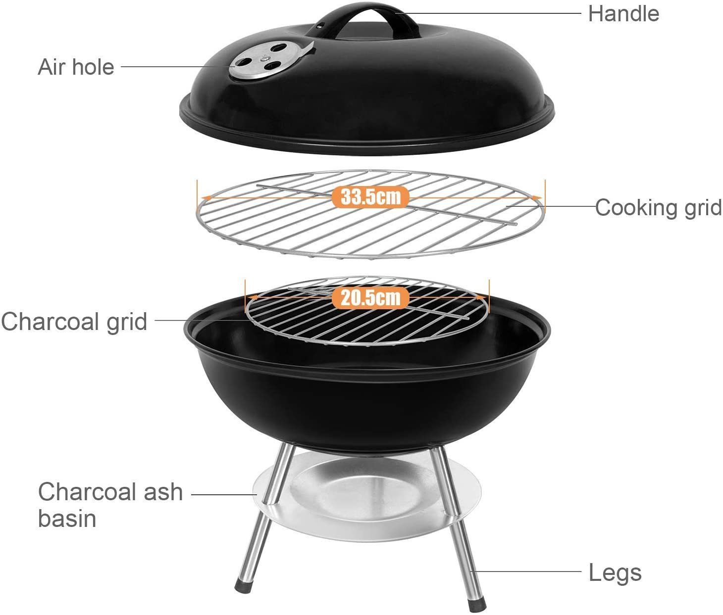 SunJas Holzkohlegrill Kugelgrill Campinggrill CA-20 mit Luftventilen Deckel und Rädern, Ø36,6cm Geeignet für 3-5 Personen, BBQ Grills XXL Standgrill Grillwagen Rundgrill kohlegrill