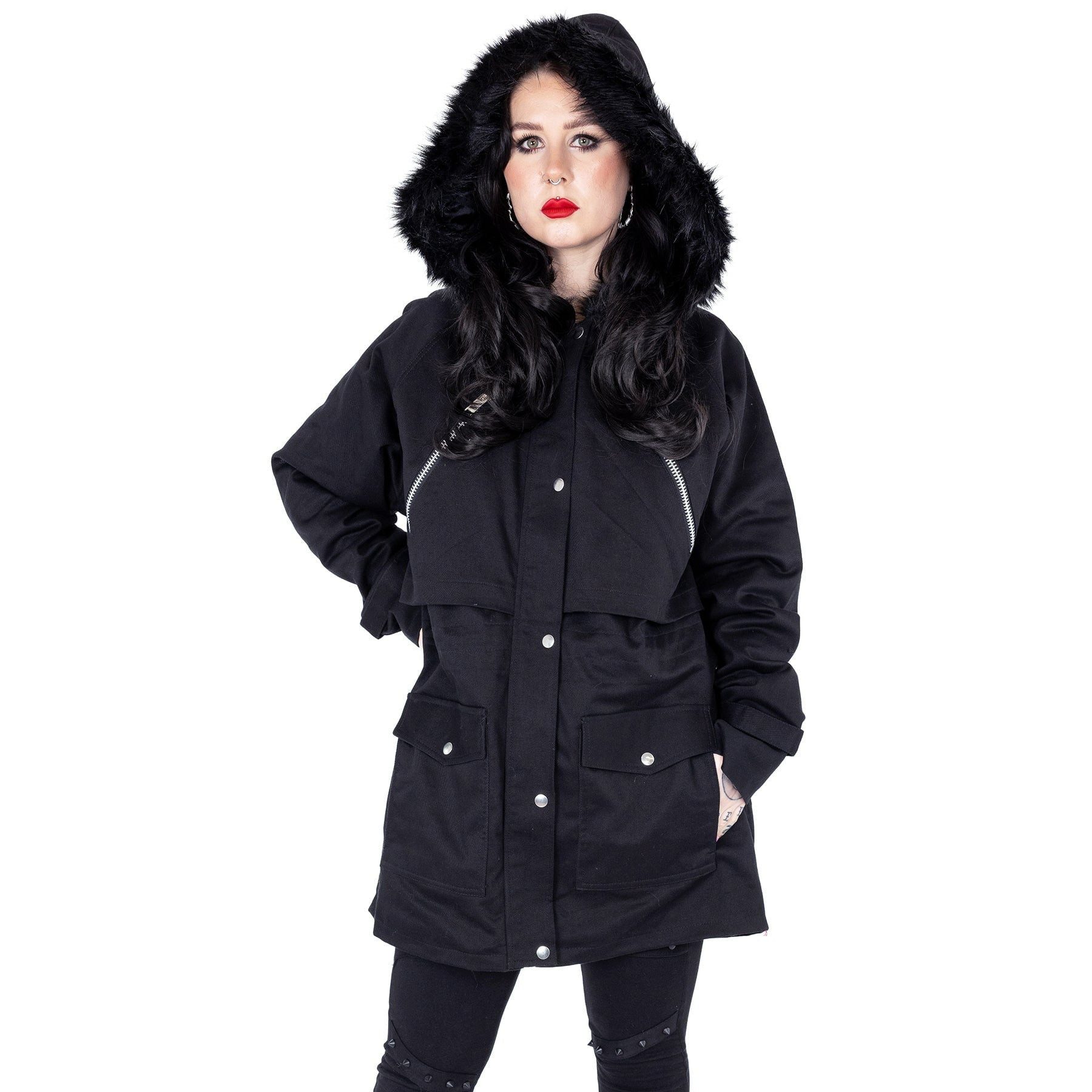 Vixxsin Parka Sylvia Gothic Denim Jeans Kurzmantel Kunstfellrand günstig online kaufen