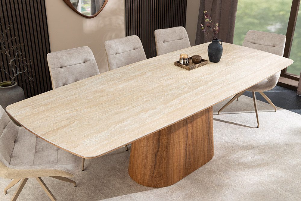 riess-ambiente Säulen-Esstisch UNIQUE 200cm natur/braun - Travertin, Keramik, Eichenholz, Säulenfuß (Einzelartikel, 1-St), Extravaganter Furniertisch - ideal für Wohn- & Esszimmer oder Küche