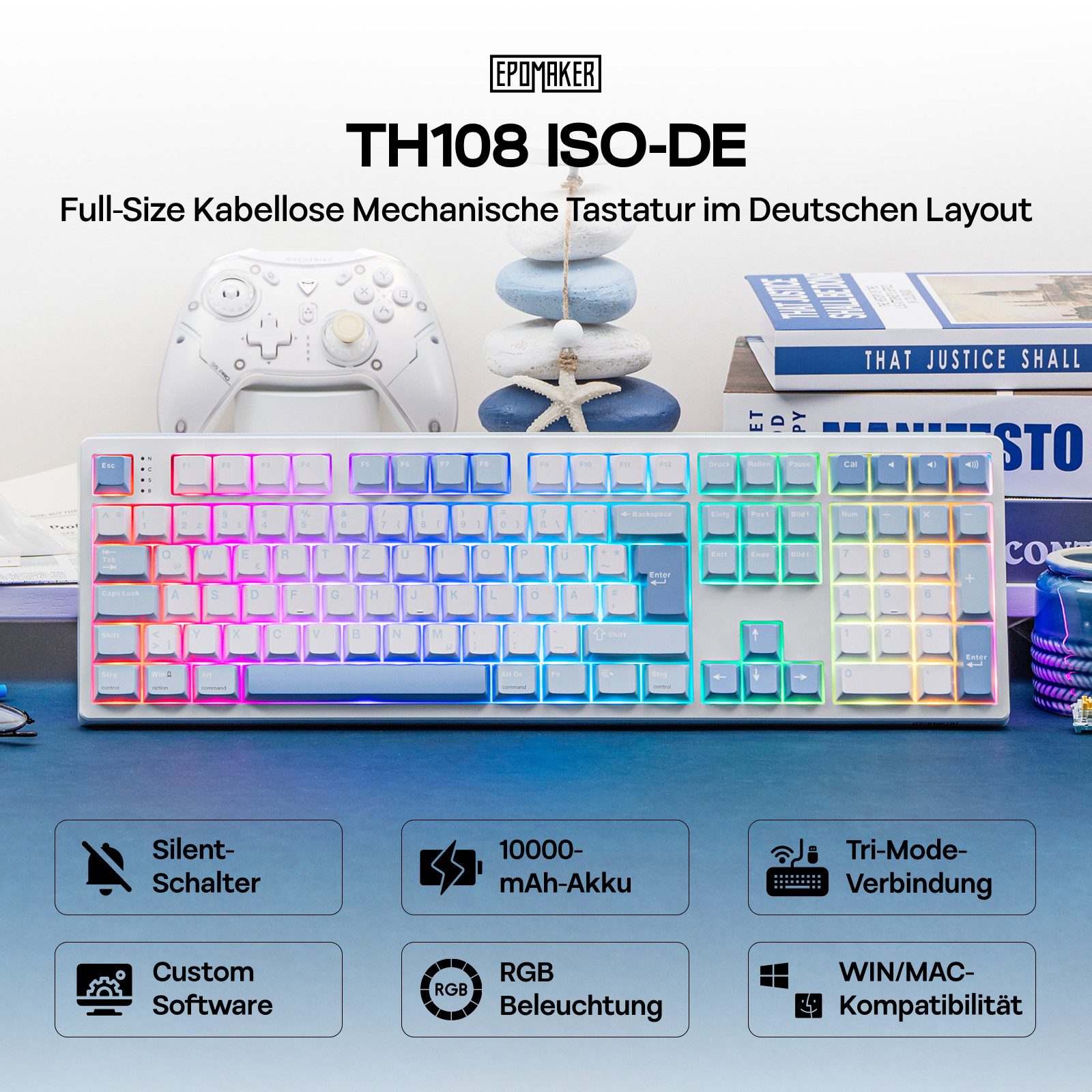 EPOMAKER TH108 Full Size Mechanische Tastatur (RGB Gaming-Tastatur Kabellos, QWERTY)