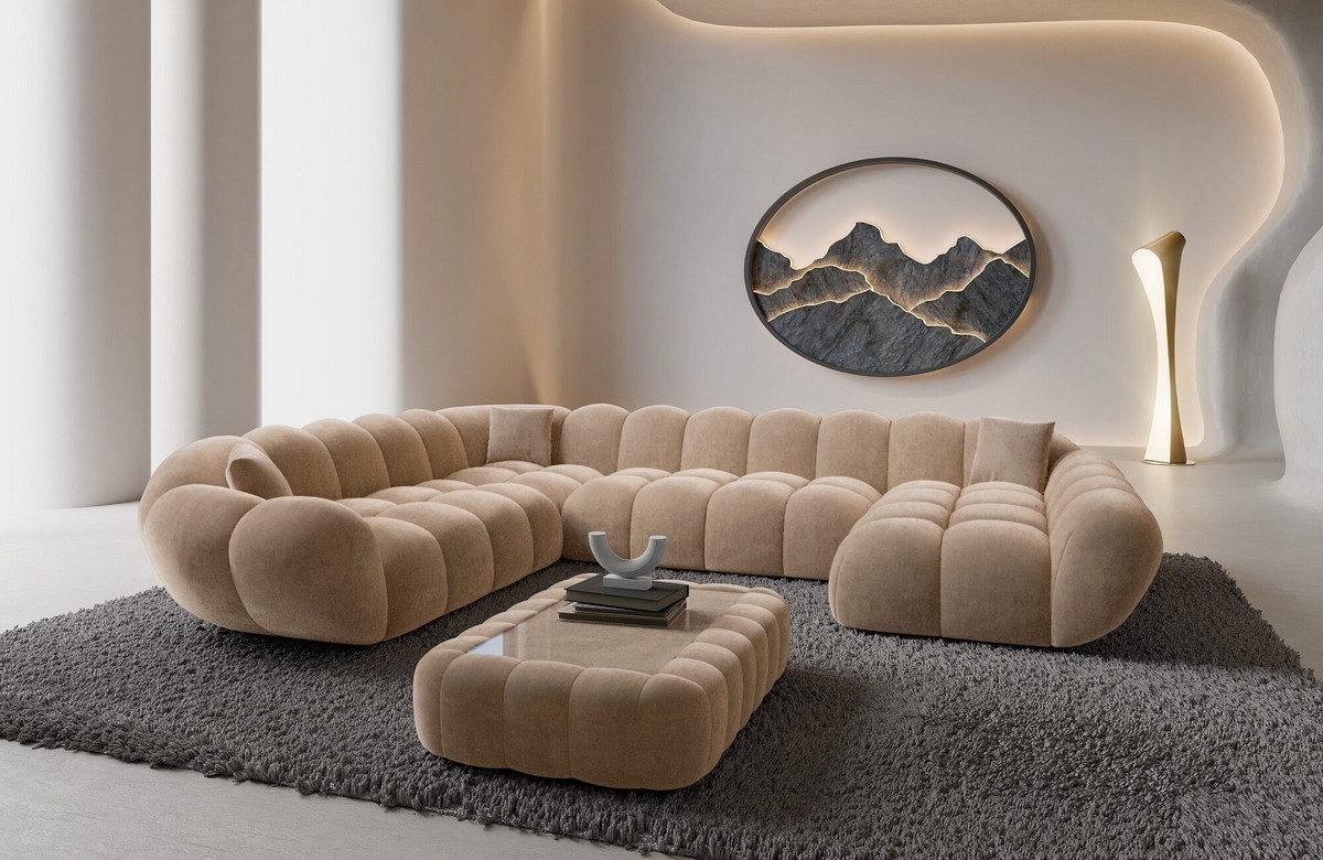 Sofa Dreams Wohnlandschaft Maleron XXL Polster Couch, Stoffsofa, 6-Sitzer, Ottomane rechts, Samtstoff in Beige