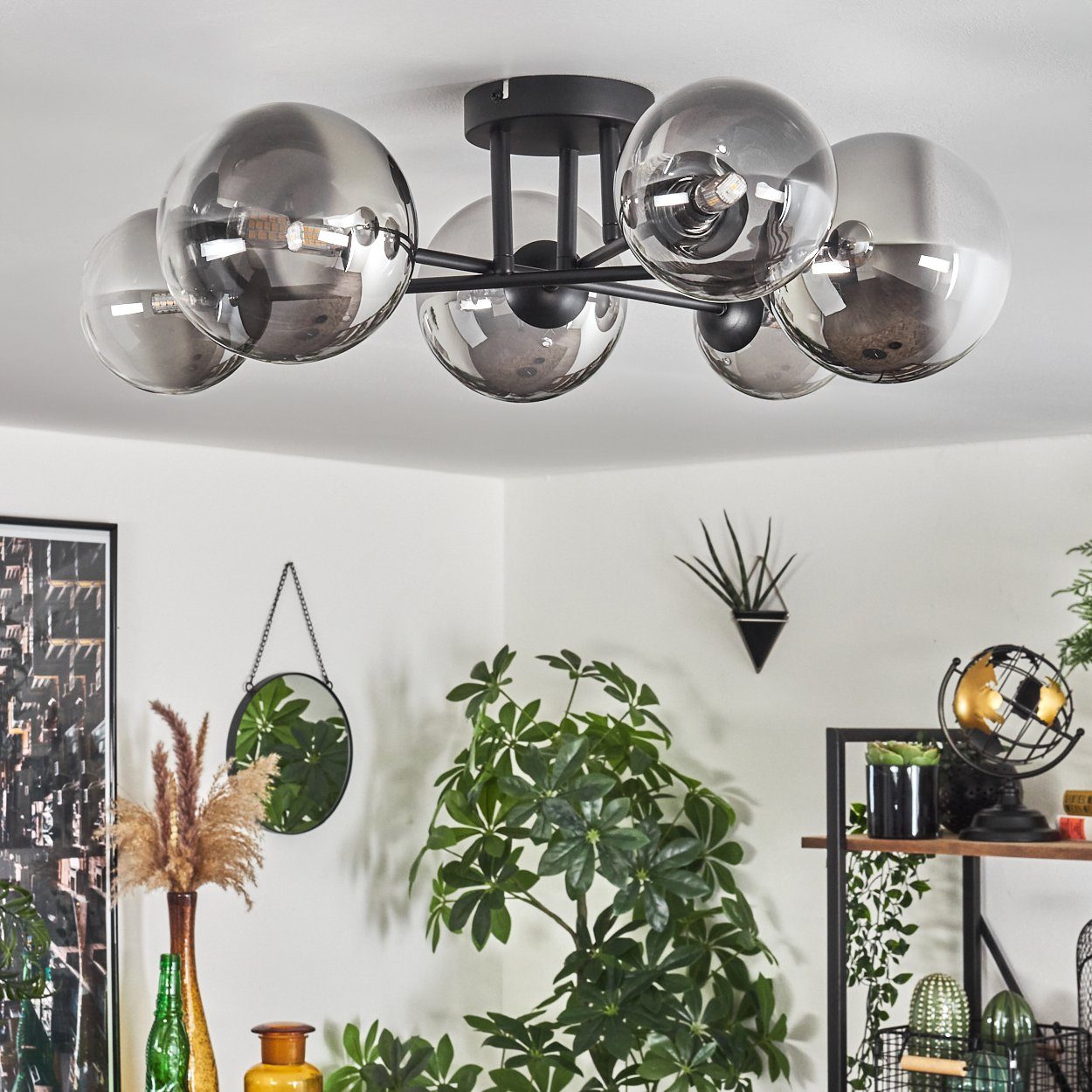 hofstein Deckenleuchte Deckenlampe aus Metall/Glas in Schwarz/Rauchfarben/Klar, ohne Leuchtmittel, Leuchte mit Glasschirmen (12 cm, 15 cm), 6 x G9, ohne Leuchtmittel
