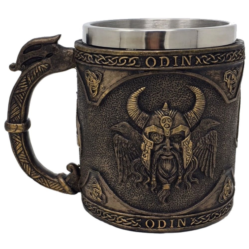 MystiCalls Bierkrug Krug Odin - Wikingerkrug Wikinger Götterkrug Met, 1-tlg., Polyresin, Herausnehmbarer Metalleinsatz