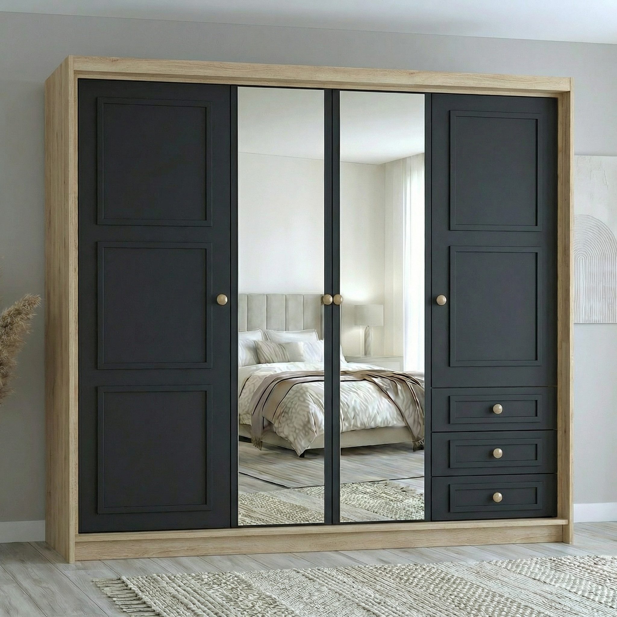 A&J MöbelLand GmbH Drehtürenschrank OSLO viertüriger Kleiderschrank mit Schubladen und Metallgriffen (Geräumiger viertüriger Kleiderschrank mit Schubladen und Metallgriffen. Geräumiger Schrank mit einer Breite von 200 cm und Schubladen, ideal zur Aufbewahrung von Kleidung und Accessoires. Viel Stauraum. TOP PRODUKT! Wählen Sie das ideale Modell für Ihr Schlafzimmer!, TOP ANGEBOT) Breite: 200 cm, Höhe: 215 cm, Tiefe: 59,5 cm