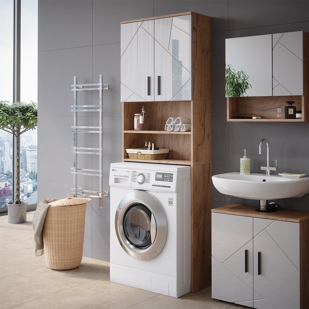 Vicco Waschmaschinenumbauschrank Irma, Weiß Hochglanz/Goldkraft Eiche, 64 x 190.5 cm