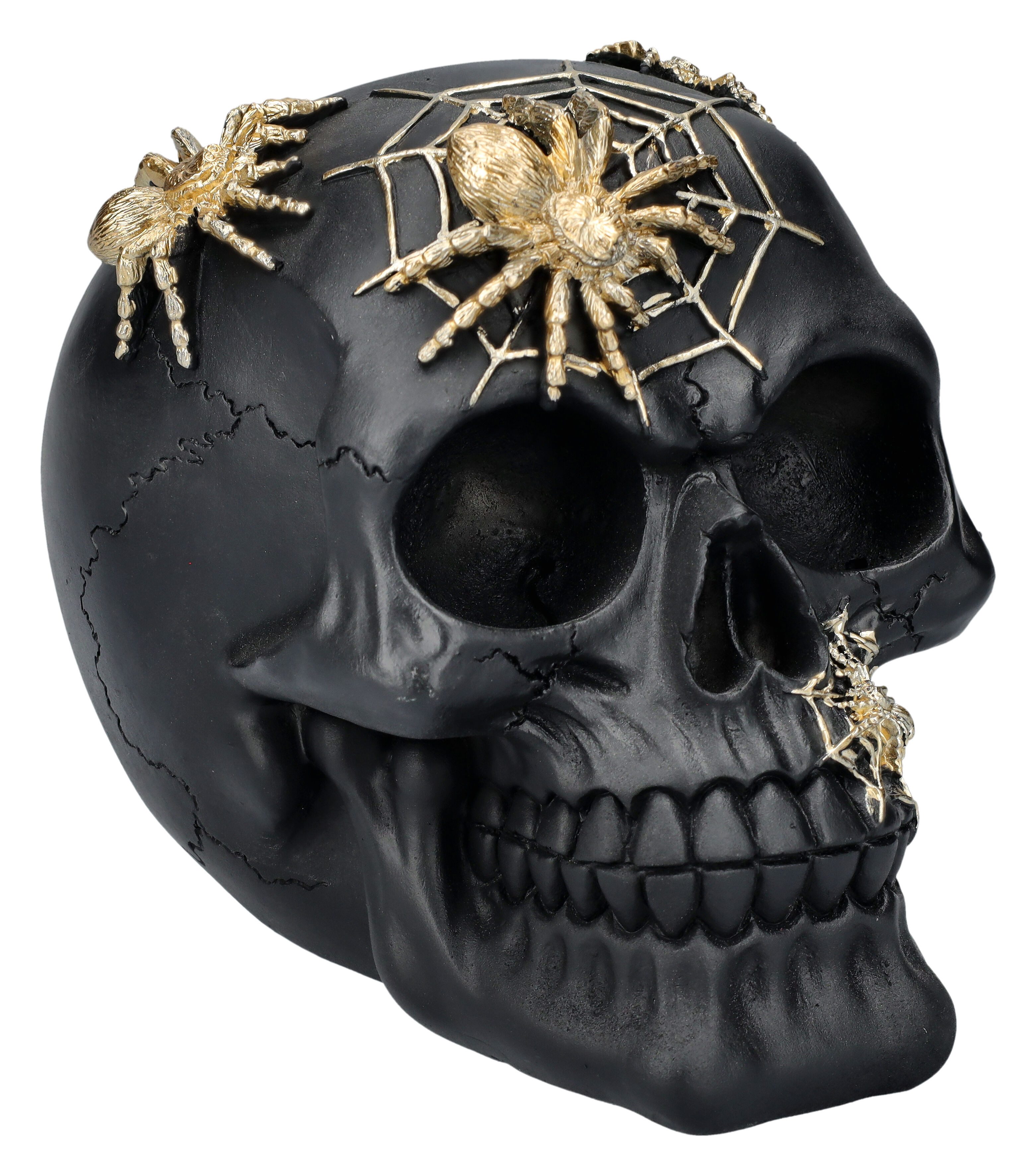 Figuren Shop GmbH Dekofigur Totenkopf Figur schwarz-gold mit Spinnen - Goth günstig online kaufen