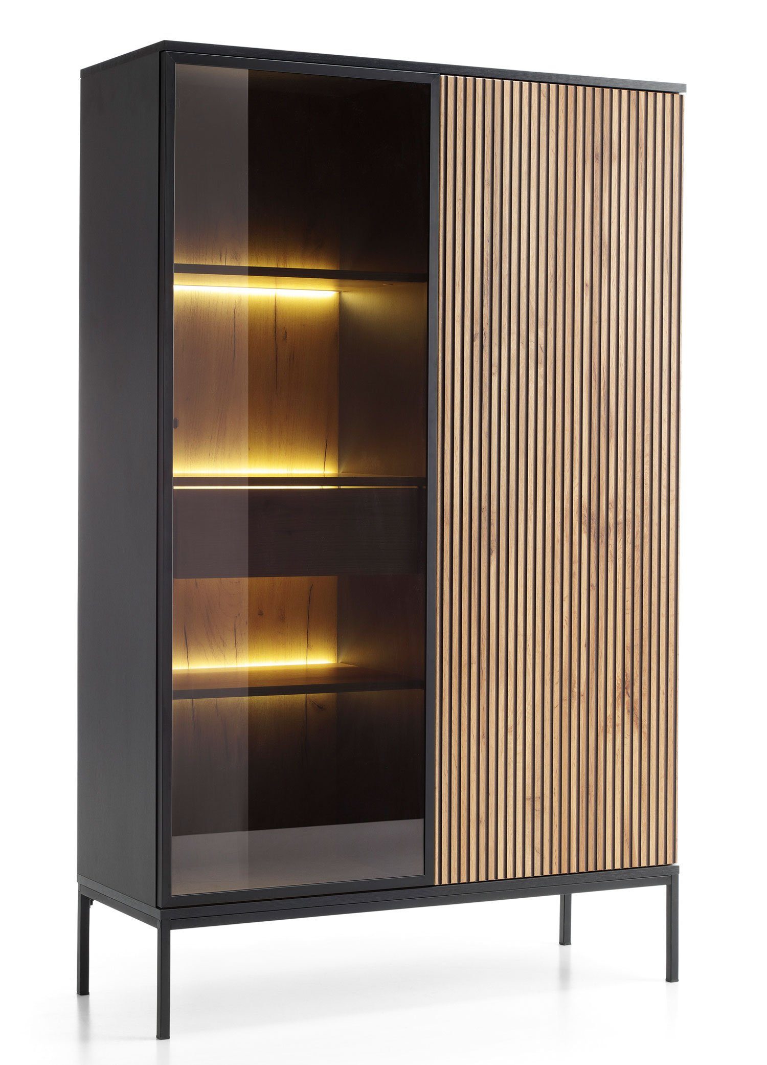 Feldmann-Wohnen Vitrine Sento (1 Glastür, 1 Holztür, 1 Schublade, 8 Fächer, 1-St., moderne Optik, geriffelte Fronten, Metallfüße, LED-Beleuchtung) 104x39x166cm schwarz / Wotan Eiche MDF