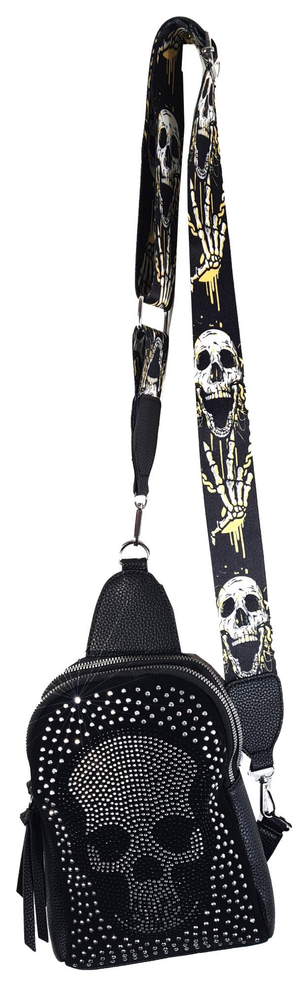 Einkaufszauber Schultertasche Slingbag Skull Totenkopf - Schultertasche Crossover, Totenkopf aus Strass