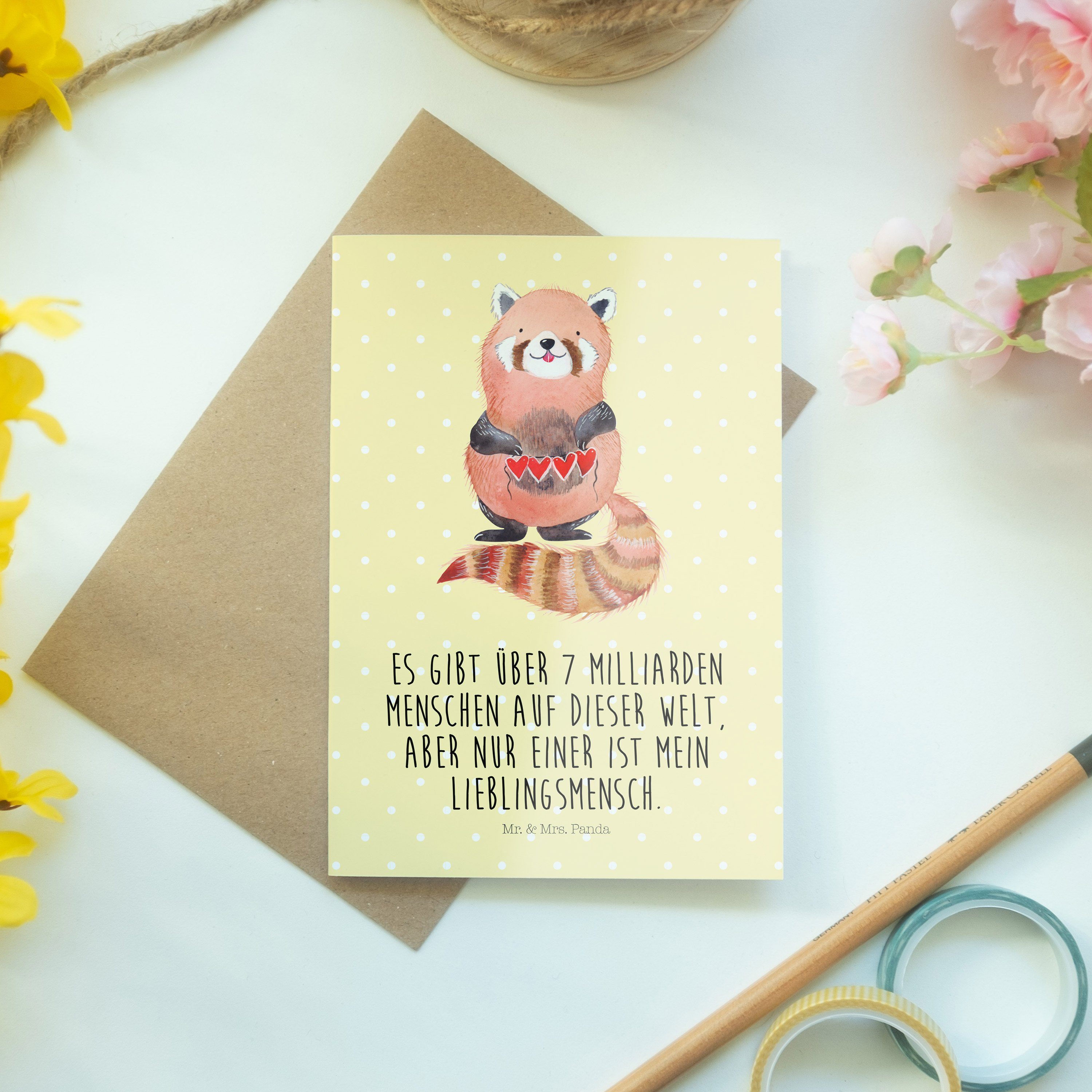 Grußkarte Pastell Panda Mr. Mrs. Hochzeitskarte, - Panda Roter & Gelb - Geschenk, Glückwunschkar