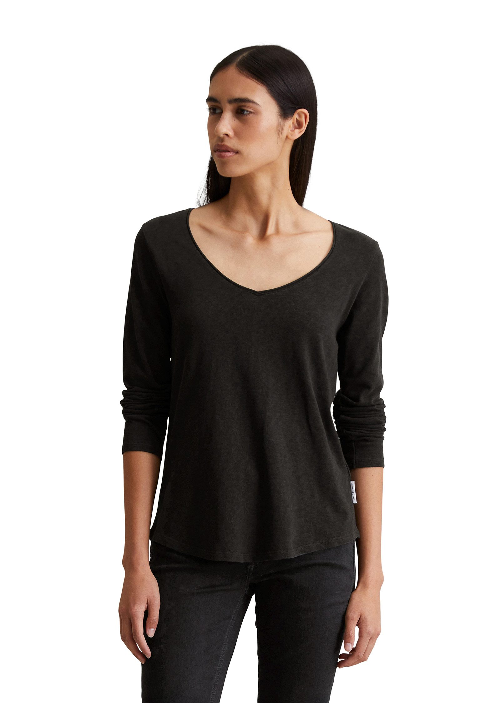 Marc O'Polo DENIM Langarmshirt mit Rollkante am V-Ausschnitt günstig online kaufen