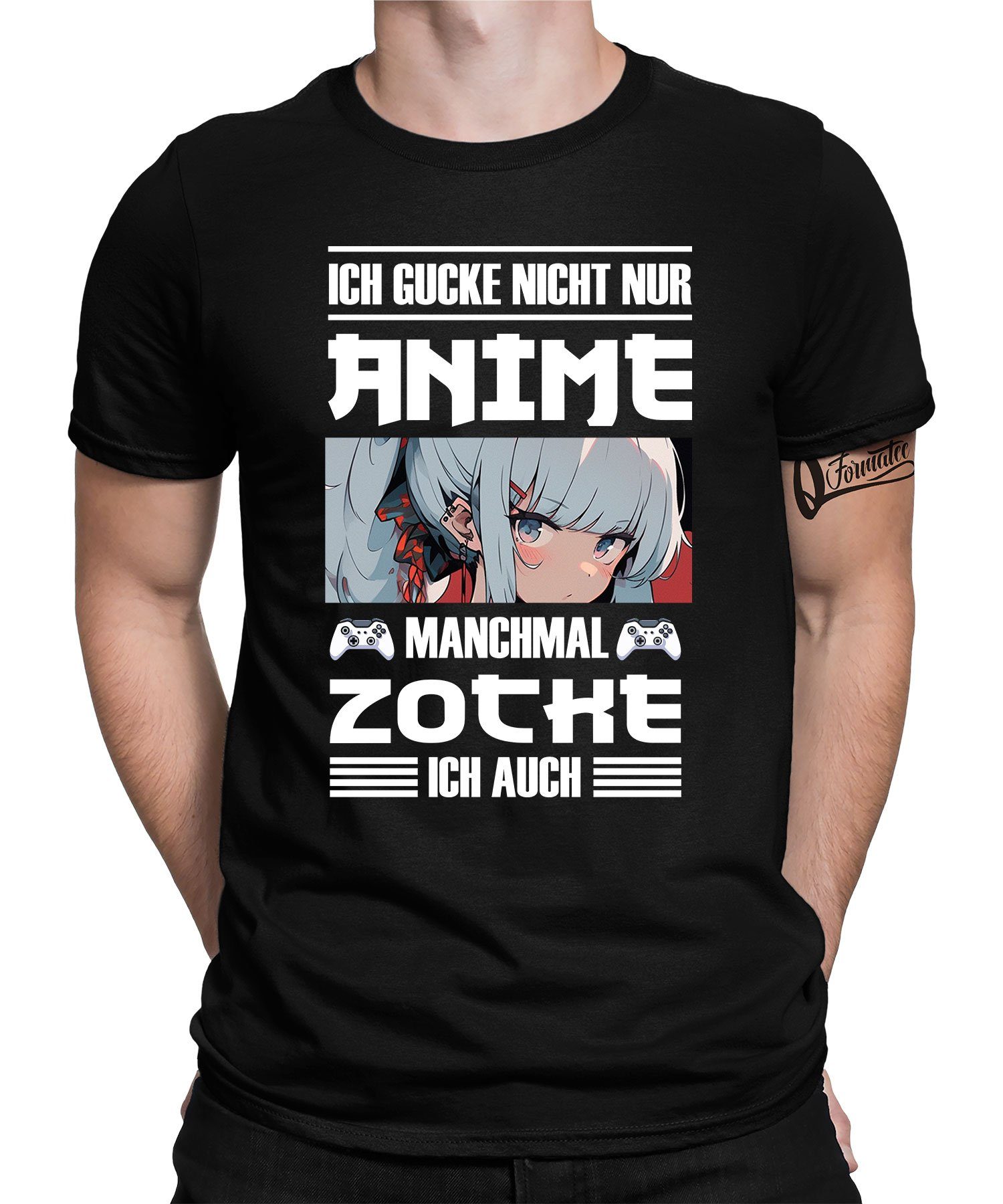Anime (1-tlg) Quattro & Japan Kurzarmshirt Zocken Schwarz Formatee Herren - T-Shirt