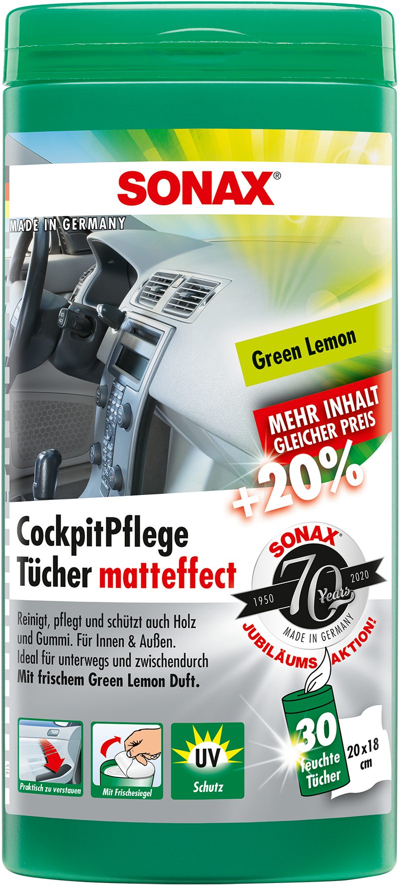 SONAX CockpitPflegeTücher Matteffect Green Lemon (25er Box) Auto-Reinigungsmittel
