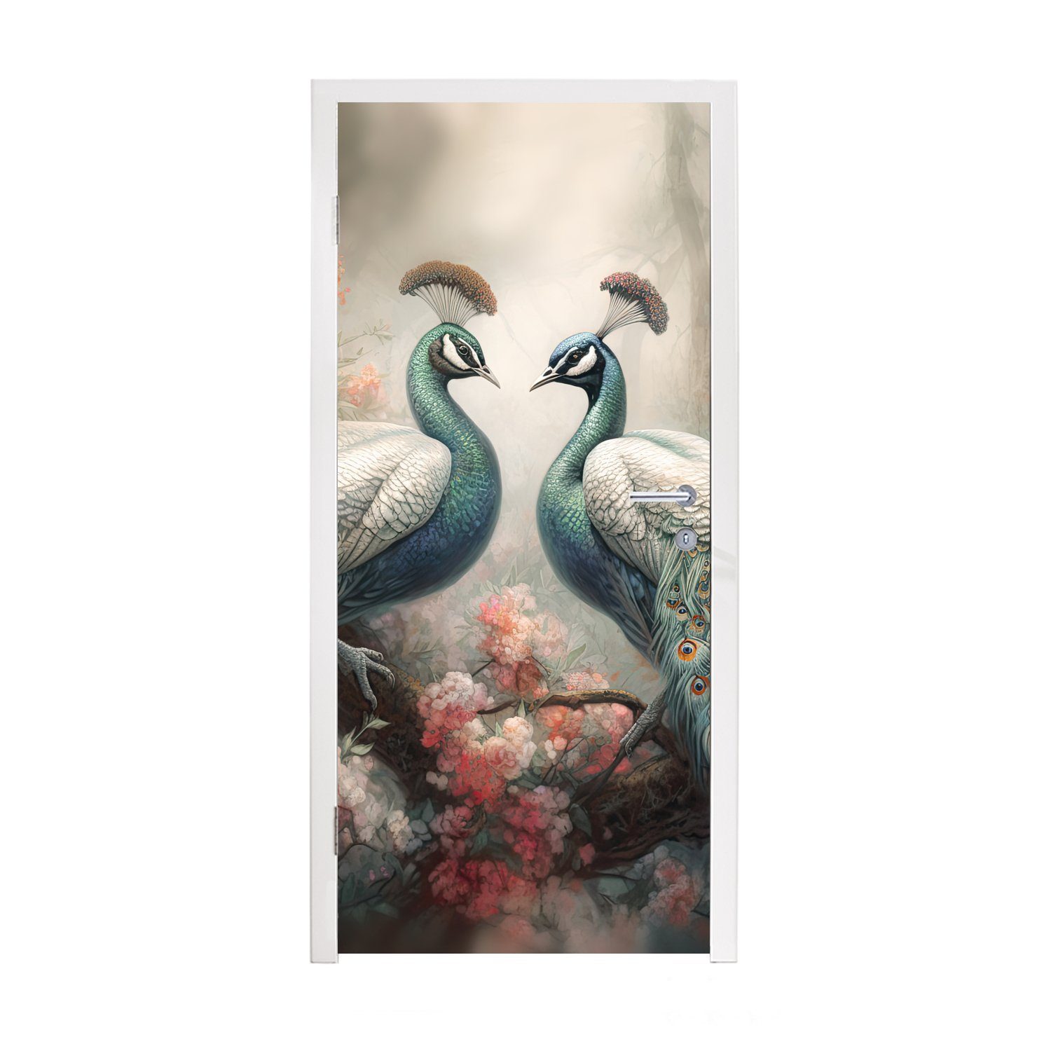 MuchoWow Türtapete Pfaue - Pfauenfedern - Vögel - Natur, Matt, bedruckt, (1 St), Fototapete für Tür, Türaufkleber, 75x205 cm