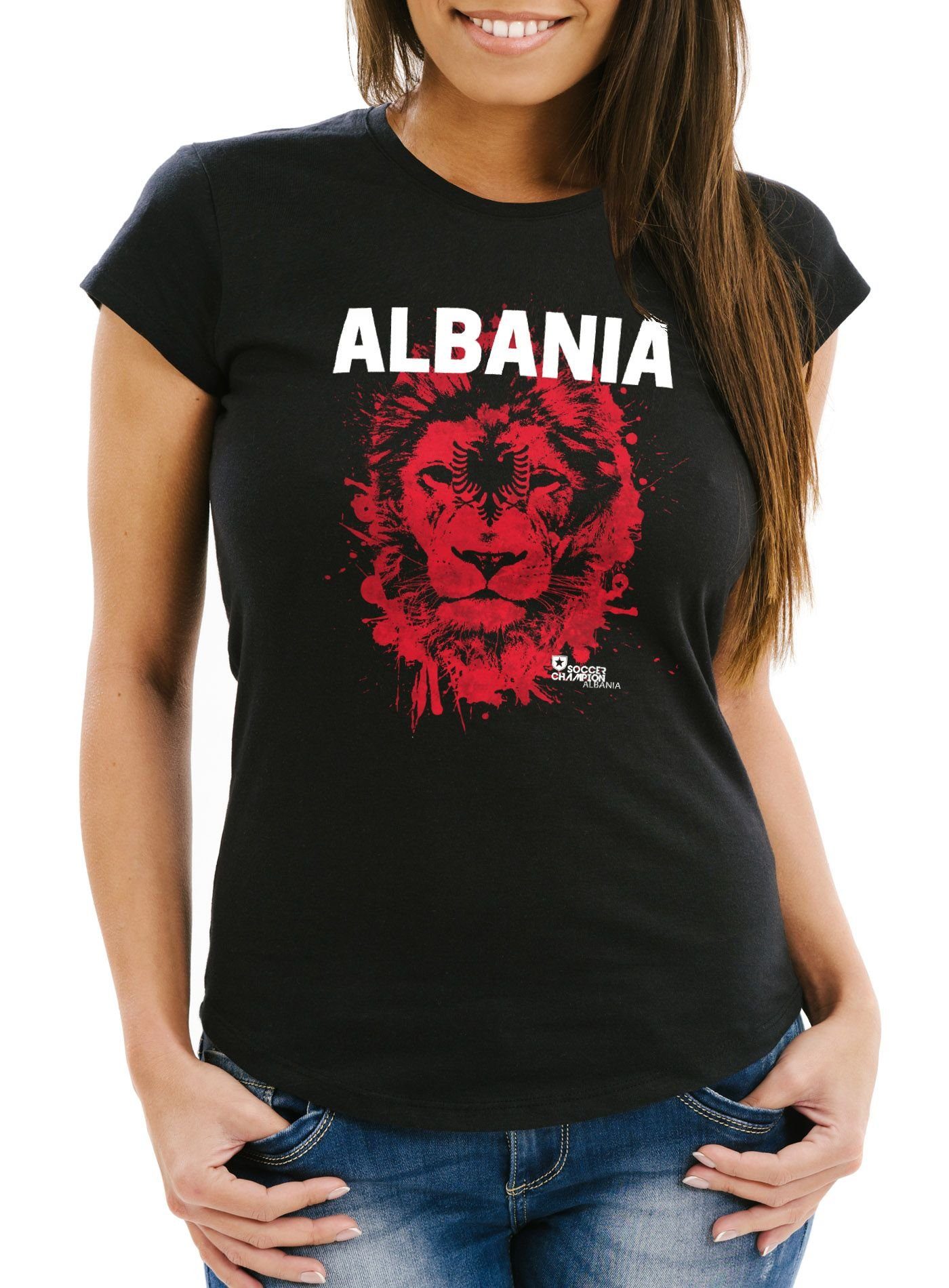 MoonWorks Print-Shirt Damen T-Shirt Fanshirt Albanien Albania Fußball EM WM Löwe Shqipërisë mit Print