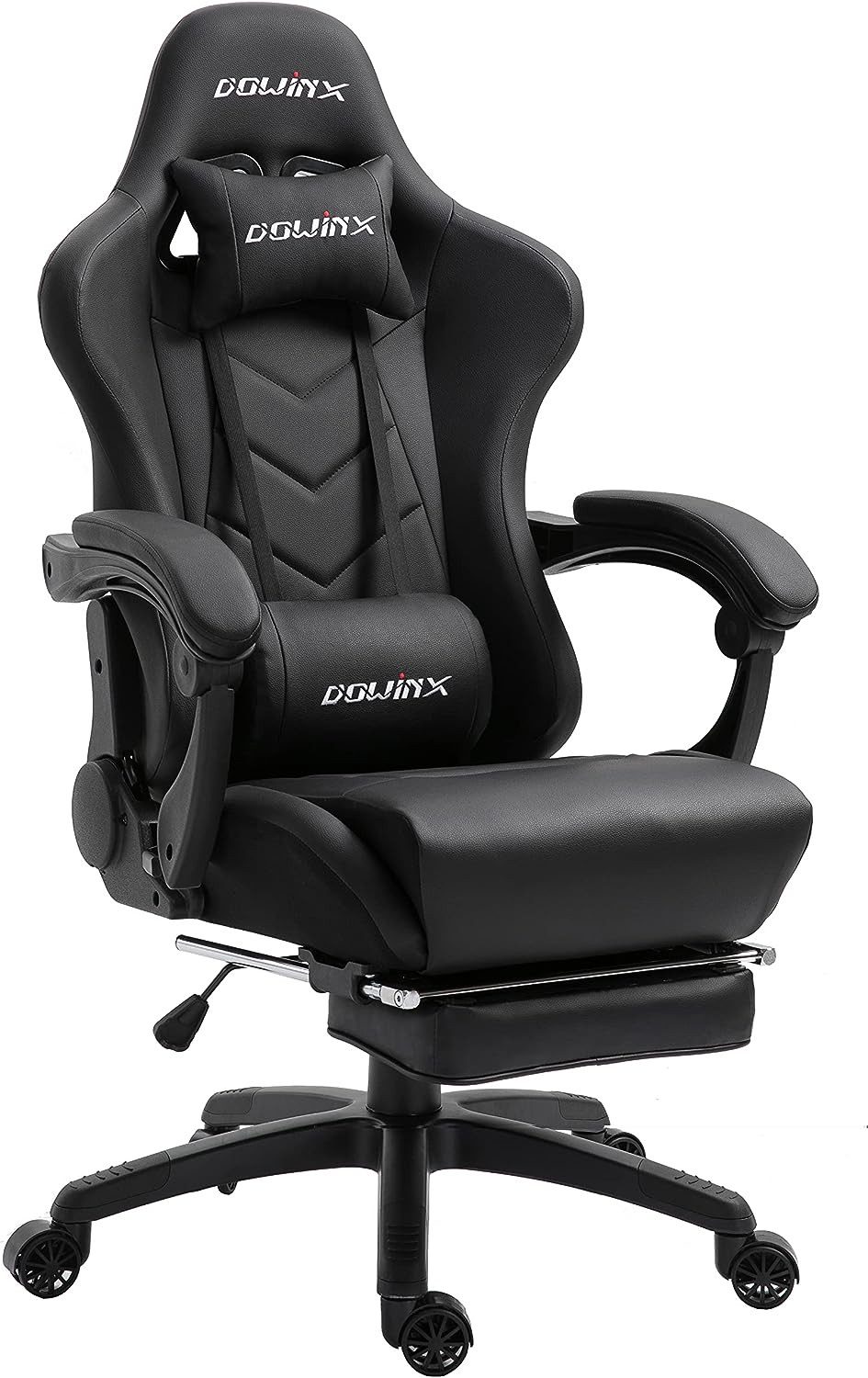 Dowinx Gaming-Stuhl Ergonomisches Design mit Lendenwirbelstütze und Fußstütze, Computer Bürostuhl Rückenlehne verstellbar Drehstuhl, Schwarz