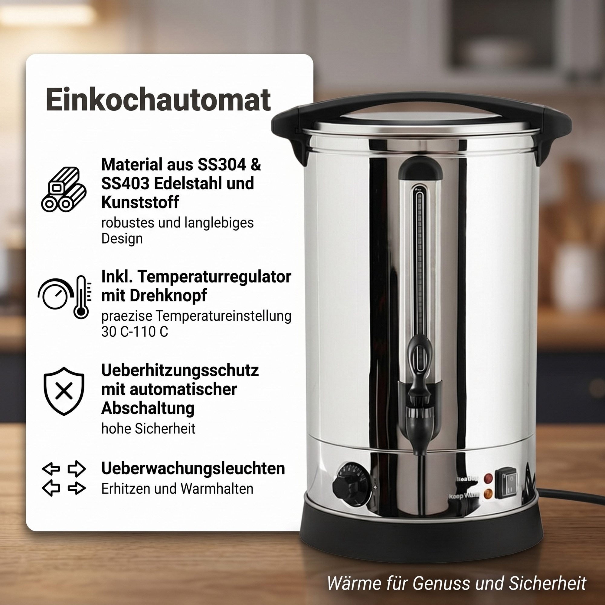 Mucola Einkochautomat Einkochautomat 22 L 2500W Glühweinkocher Edelstahl, 2500 W, Inkl. Überhitzungsschutz und Überwachungsleuchten