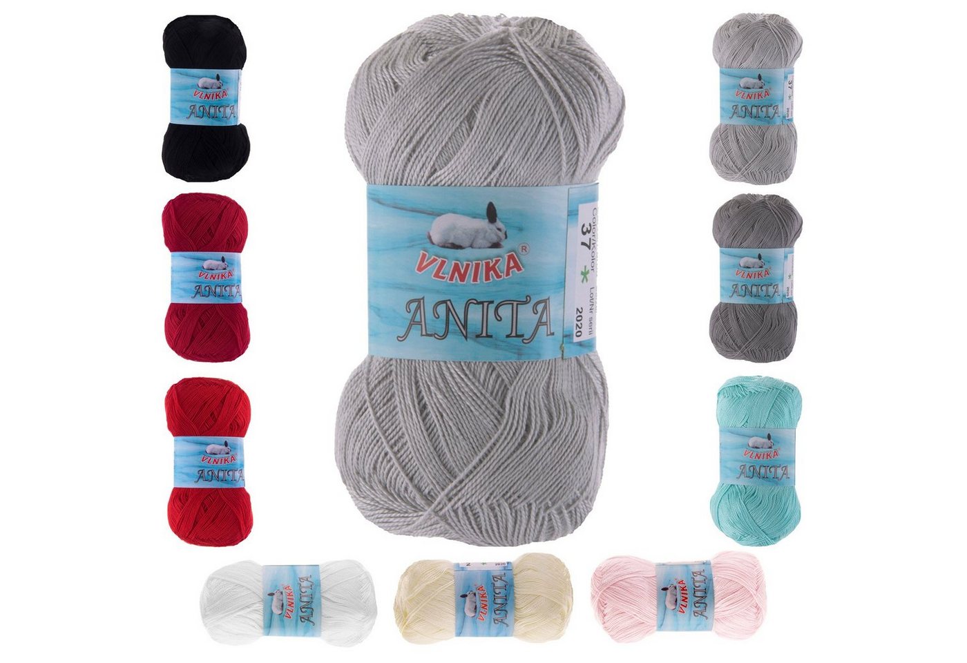 Thumbnail - VLNIKA 5 x 50g Strickgarn Anita Häkelwolle, 364 m, 37 hellgrau
