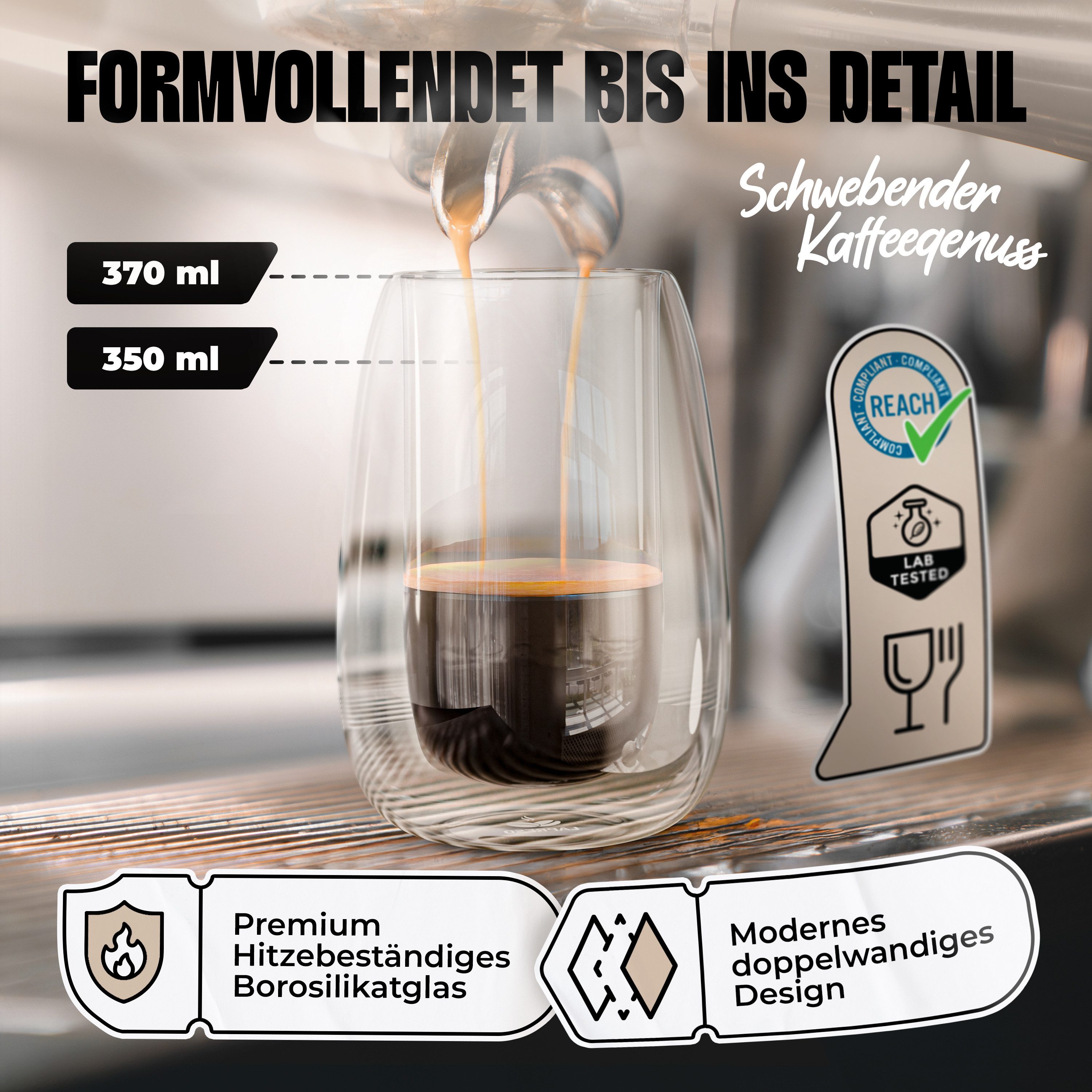 LAPRESO Latte-Macchiato-Glas Doppelwandig Thermogläser Kaffeegläser Set 350 ml, 6-tlg., Borosilikatglas, 6er Set