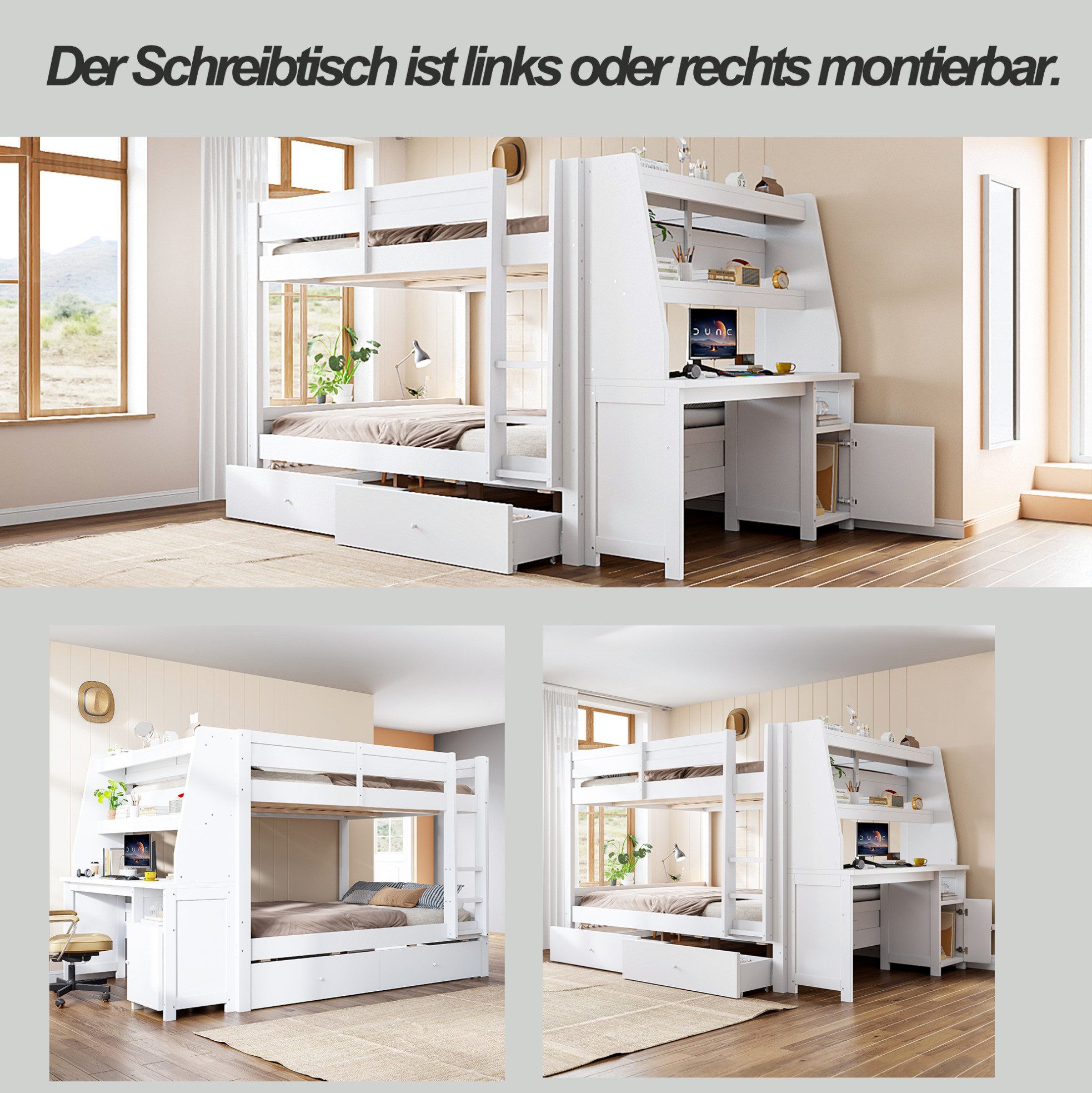 REDOM Etagenbett Kinderbett mit verschiebbarem Aufbewahrungsschrank, Funktionsbett (140x200 cm Holzbett, praktischem Schreibtisch, Regalfächern und Stauraumlösungen, Jugendbett), ohne Matratze