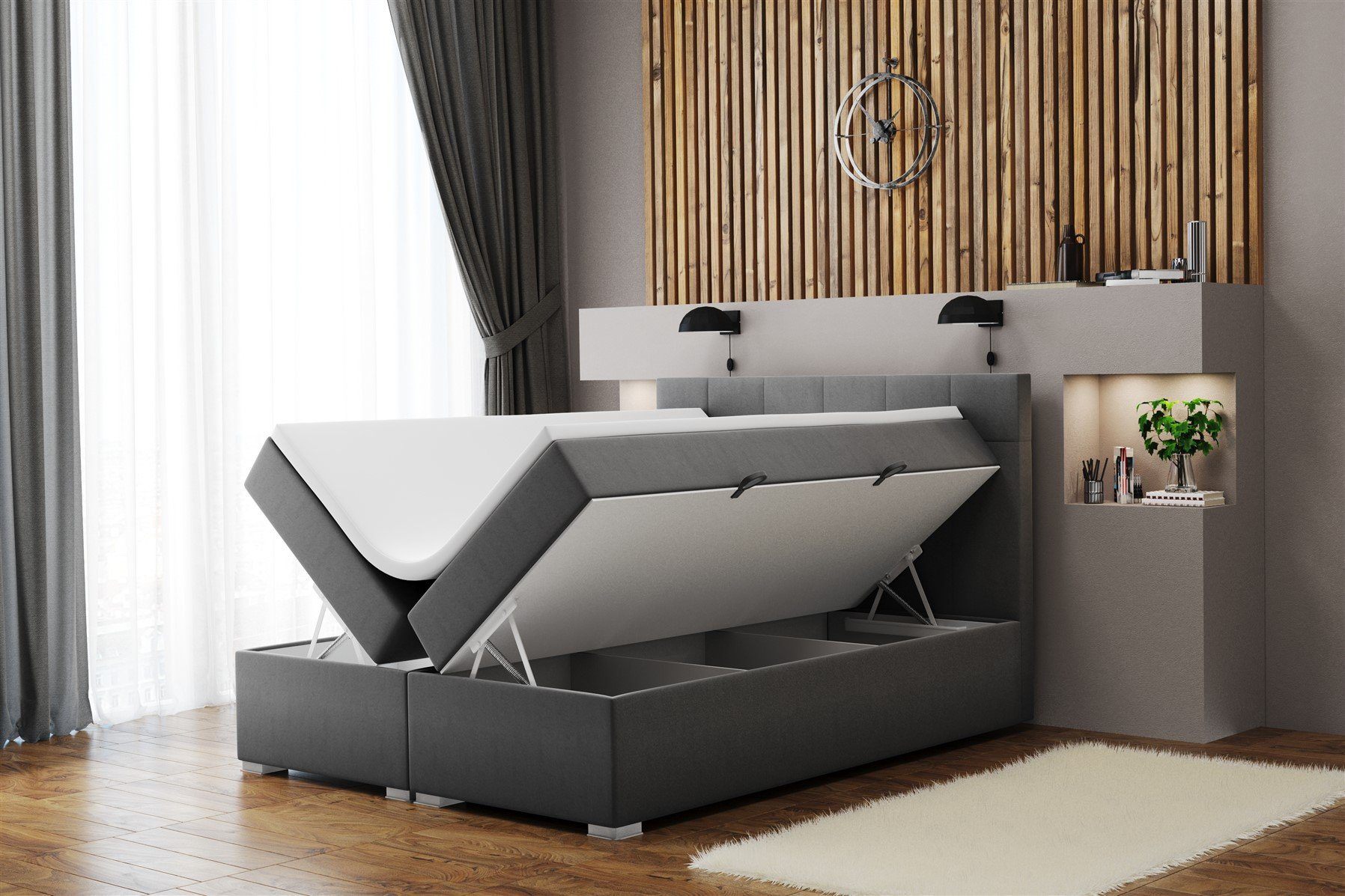 Fun Möbel Boxbett Schlafzimmerbett ABELT in Stoff Matt Velvet (Hypoallergener Topperbezug, Kaltschaumtopper und Bettkästen), Strass-Steine im Kopfteil