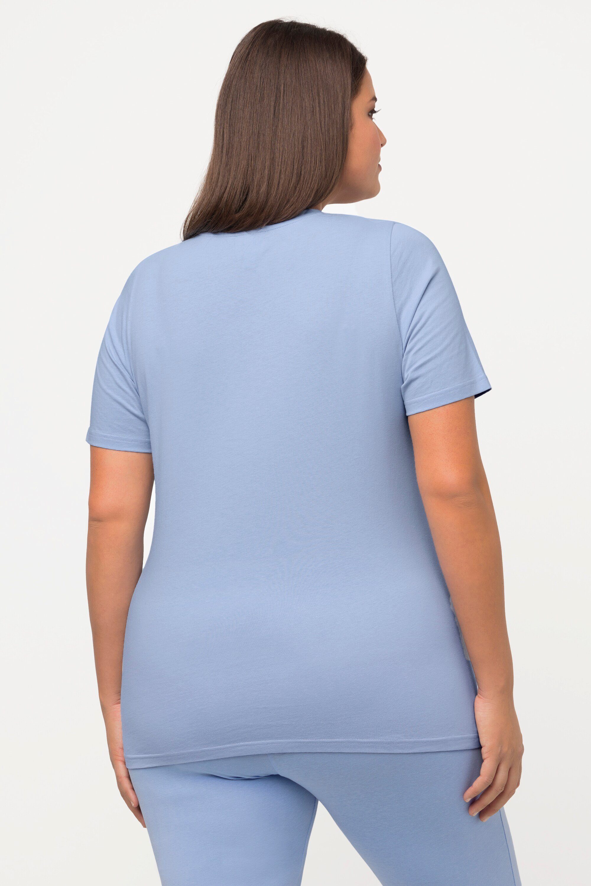 Ulla Rundhalsshirt Popken Halbarm Classic T-Shirt V-Ausschnitt Biobaumwolle himmelblau