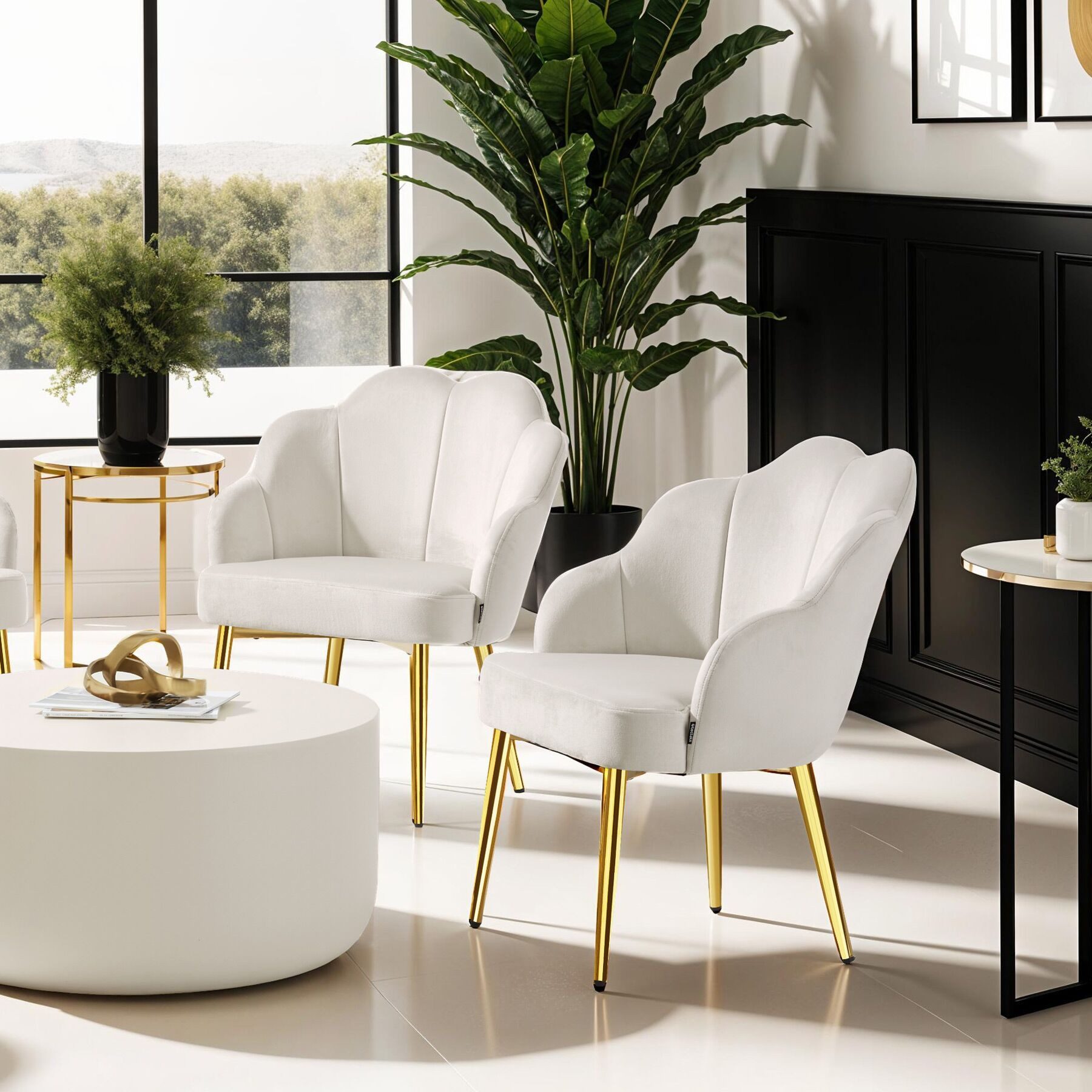 tectake Esszimmerstuhl Cocktailsessel gepolstert, mit Samtbezug, gewölbte, 66 x 62 x 80,5 (Wohnzimmersessel Hellen in creme/gold, 1 St), extrabreite Rückenlehne, höhenverstellbar, Belastbarkeit 120 kg