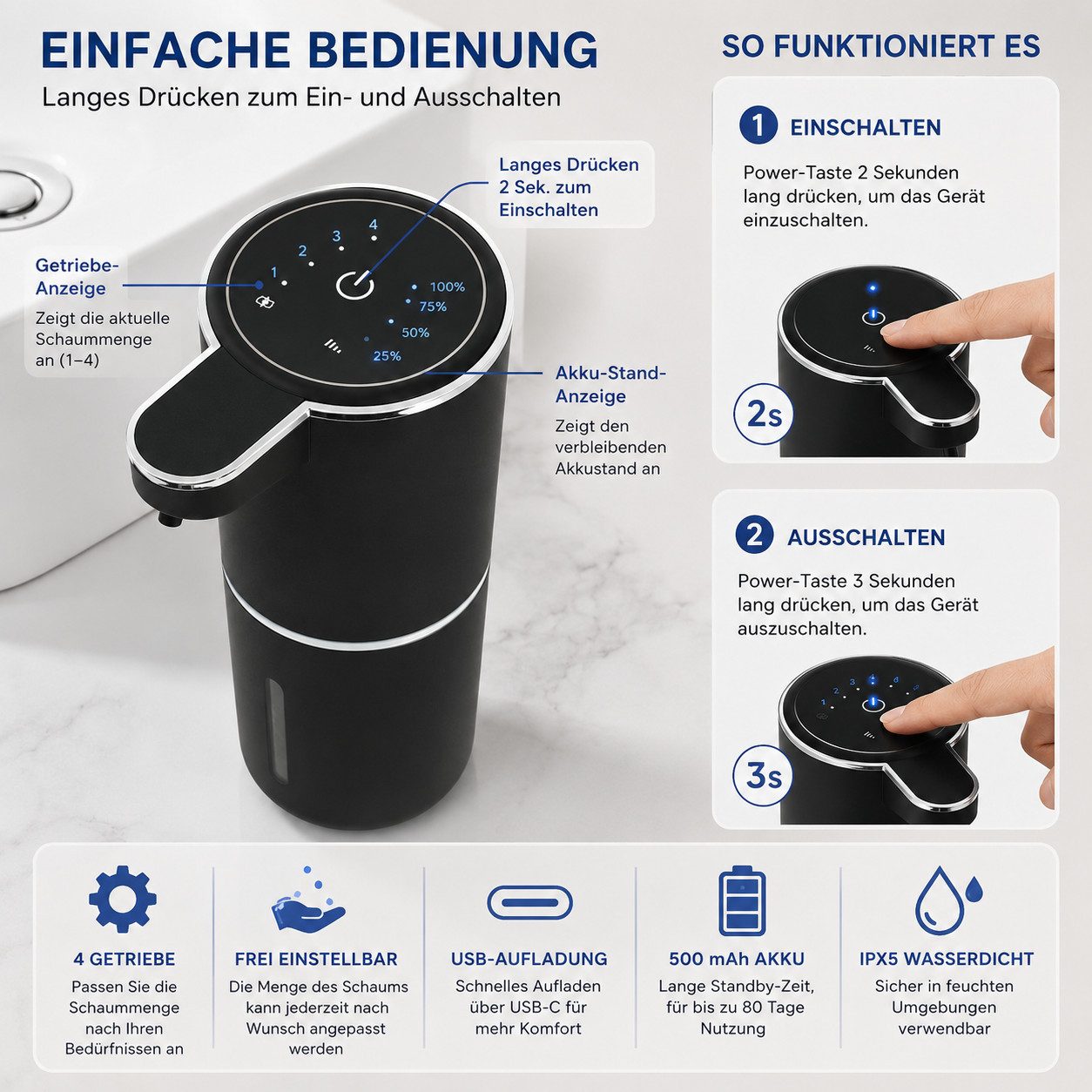 ARCASA Seifenspender Seifenspender Automatischer Schaumseifenspender 400ml USB-C Sensor, (Schaumseifenspender Set kontaktlos mit Klebepad und Akku für innen, Sensor Seifenspender Set inklusive Wandhalterung und USB-C Kabel 1tlg), Automatischer Seifenspender IPX5 wasserabweisend mit 4 Dosierstufen