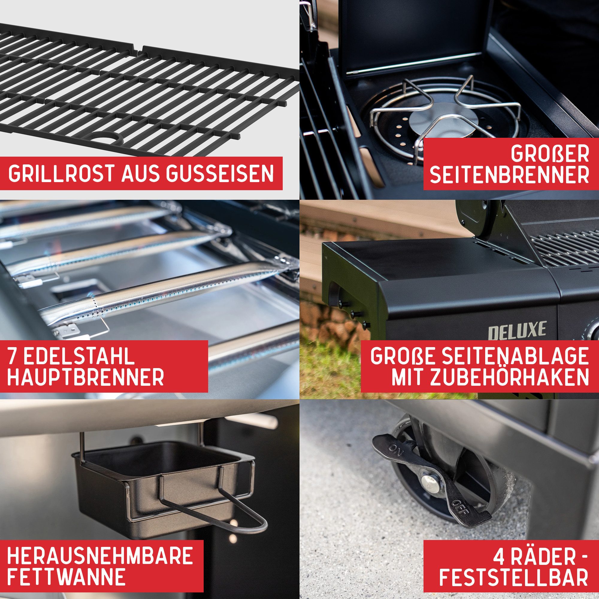 nexgrill Gasgrill 6B Deluxe 6+1 Brenner, Seitenkochfeld, Sondermodell Matt Schwarz, 21KW, Aufbaumaß: 148x62x119 cm – Bild 4 von 5