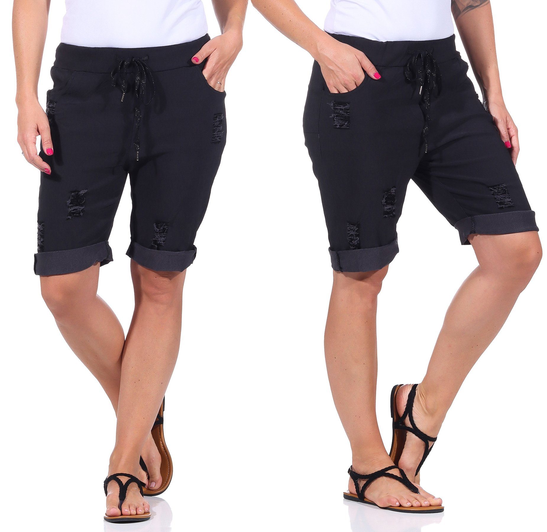 kurze leichten Look Stretch Schwarz Damen basic, Distressed elastisch, Damenmode Aurela im Strandshorts Hose Sommerliche Bermuda casual, für