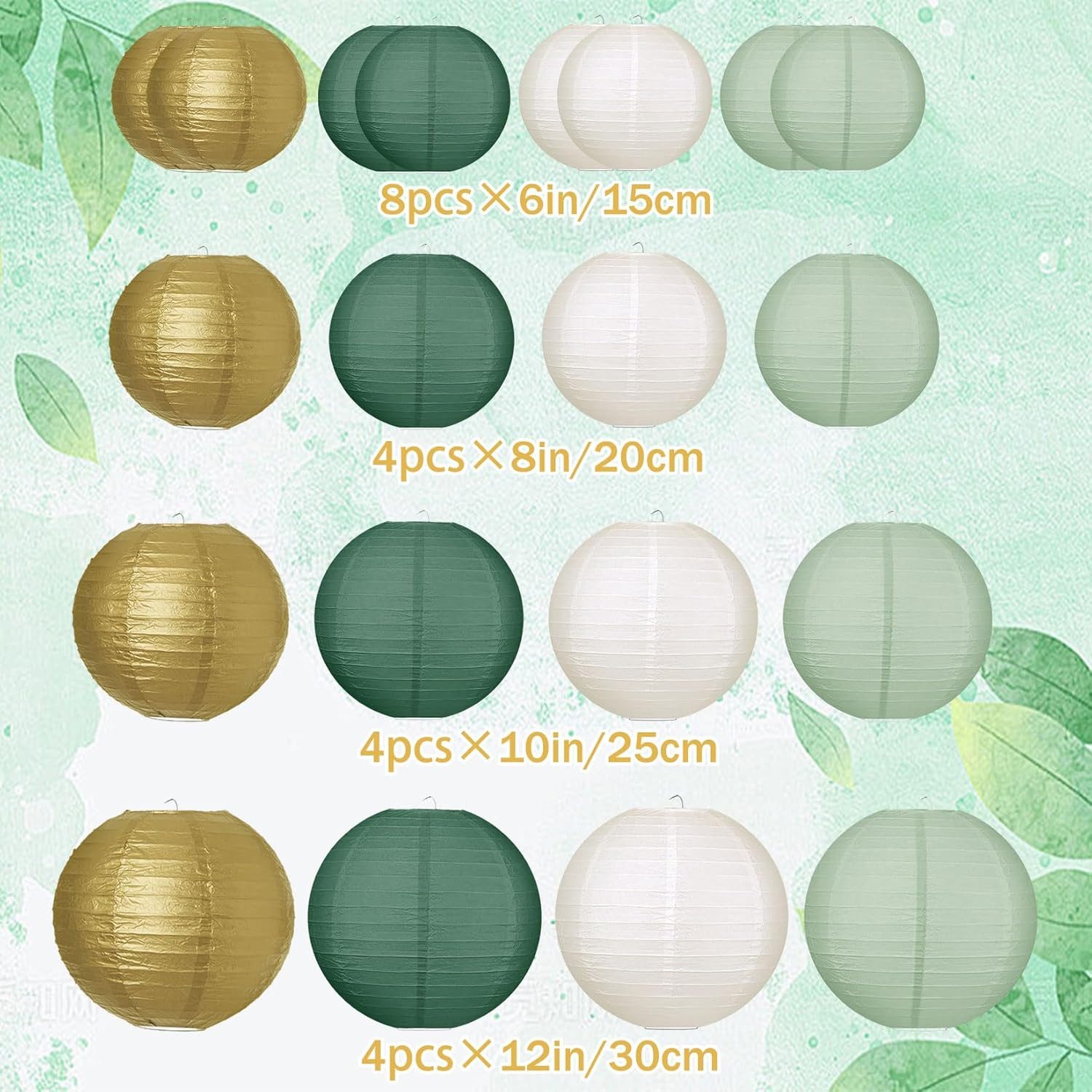 AIMAX Papierlaterne Grün Gold Weiß Lampion Lampe Laterne 20 Stück, Papierlaternen Lampenschirm, Wiederverwendbar, outdoor, party deko