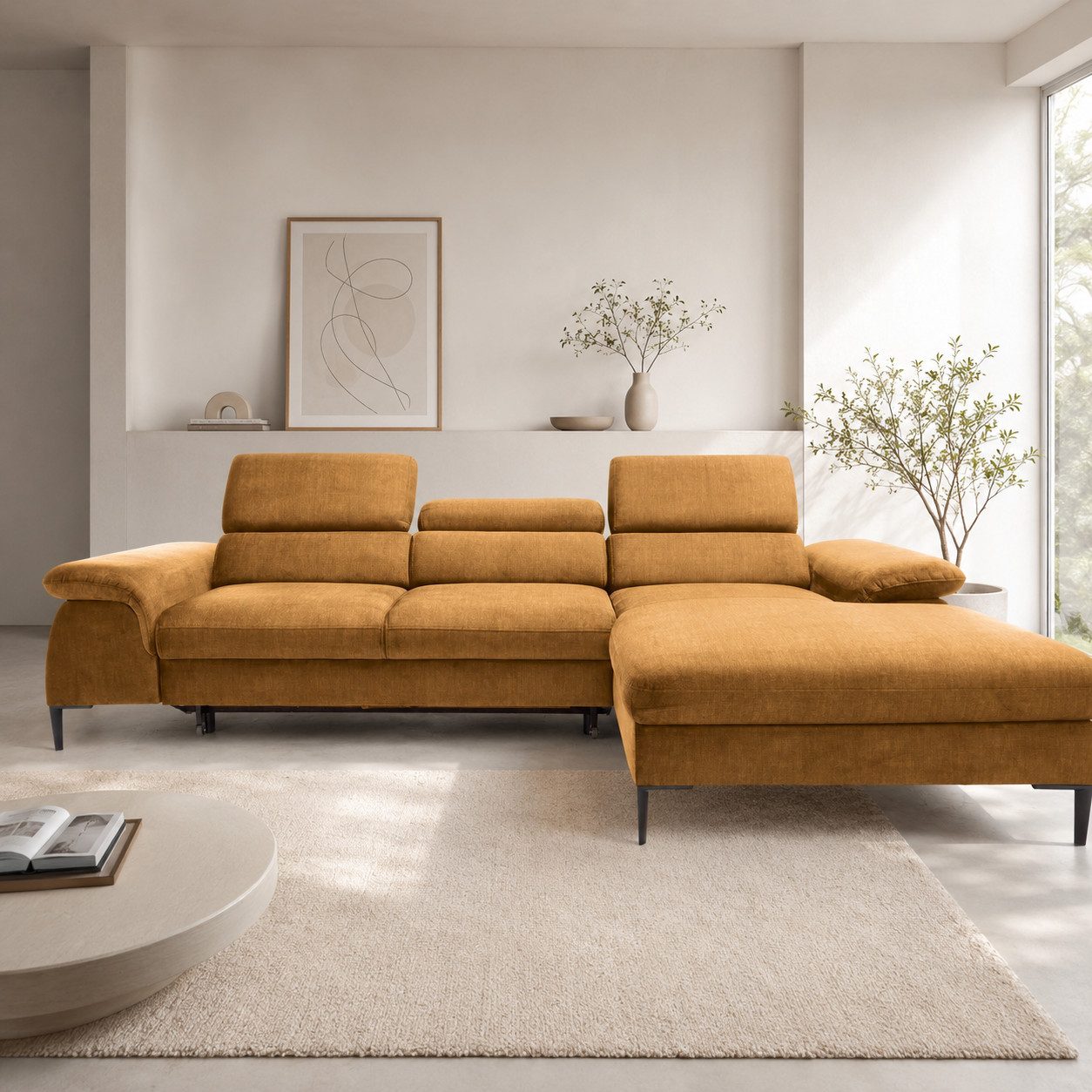 Goldstoff Schlafsofa LARGO Ecksofa mit Schlaffunktion und Stauraum - Sofa L-Form, Couch mit Schlaffunktion und Bettkasten, Einstellbare Kopfstützen