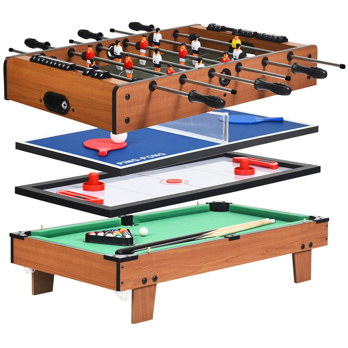 Mini-Tischkicker 4 in 1 Billardtisch, Air Hockeytisch