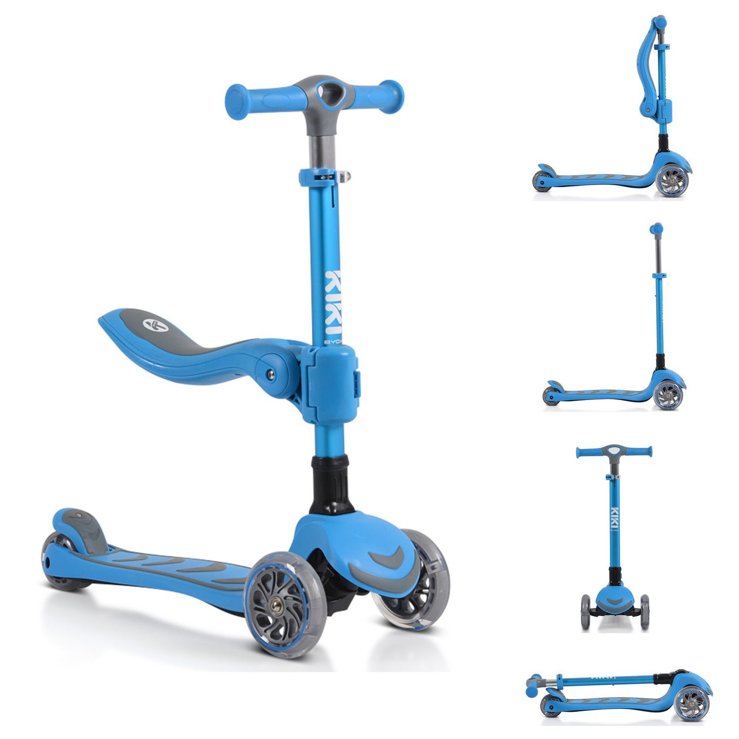 Byox Cityroller Kinderroller Kiki 2 in 1, Höhe einstellbar 4 blinkende PU-Räder, klappbar blau